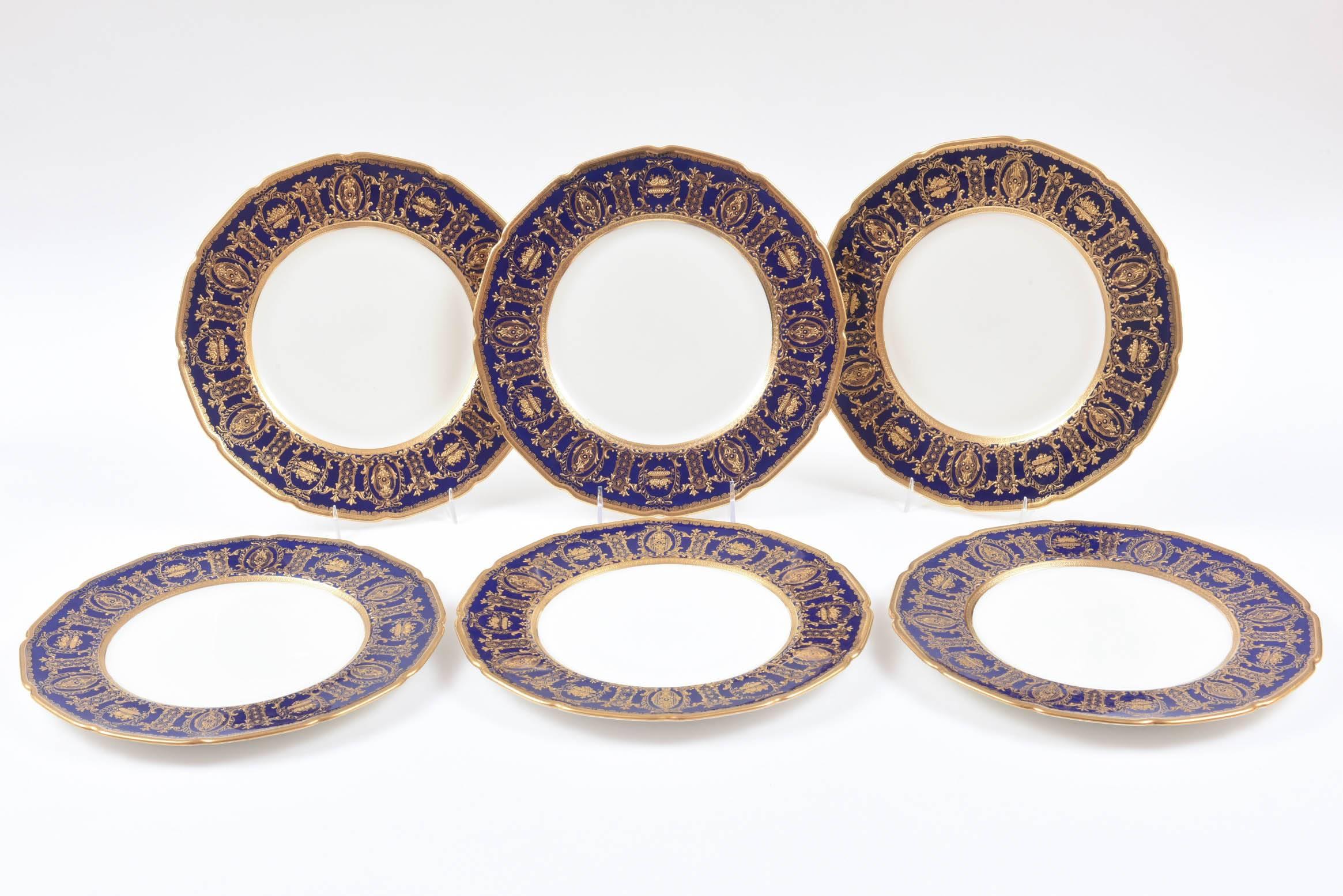 Hand-Crafted Six Custom for Tiffany Cobalt Blue & Gilt Encrusted Dinner Plates, English