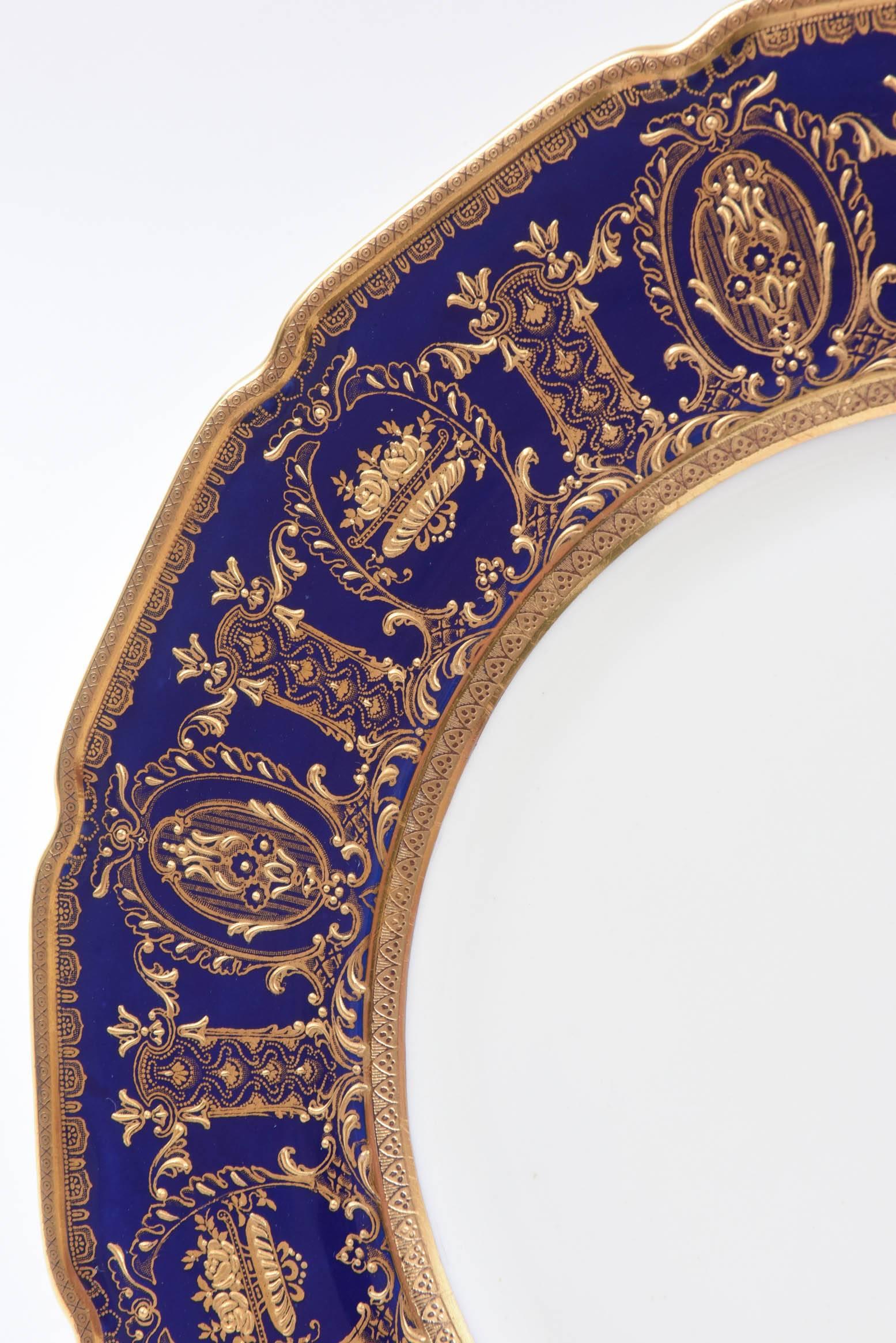 Early 20th Century Six Custom for Tiffany Cobalt Blue & Gilt Encrusted Dinner Plates, English