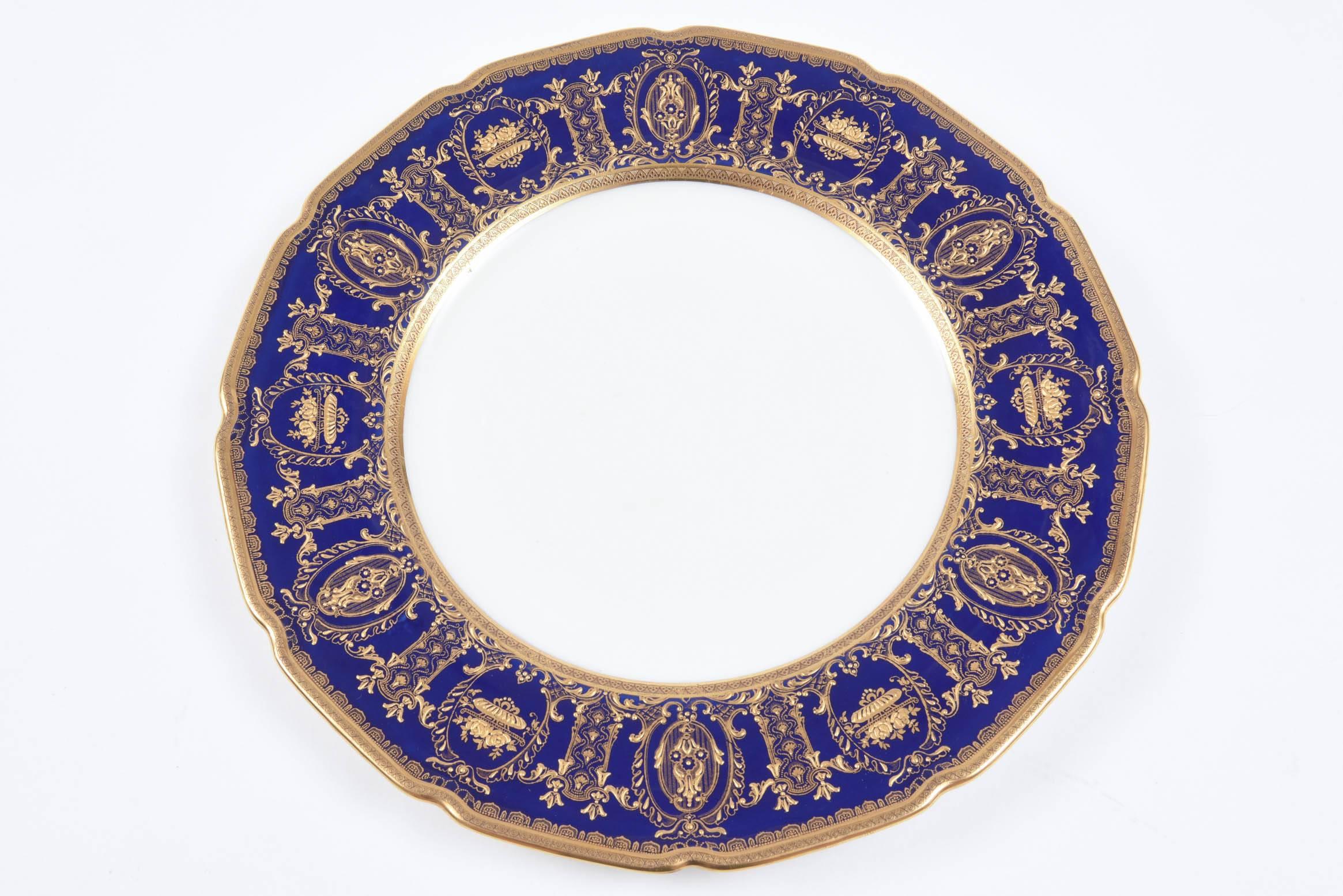 Gold Six Custom for Tiffany Cobalt Blue & Gilt Encrusted Dinner Plates, English