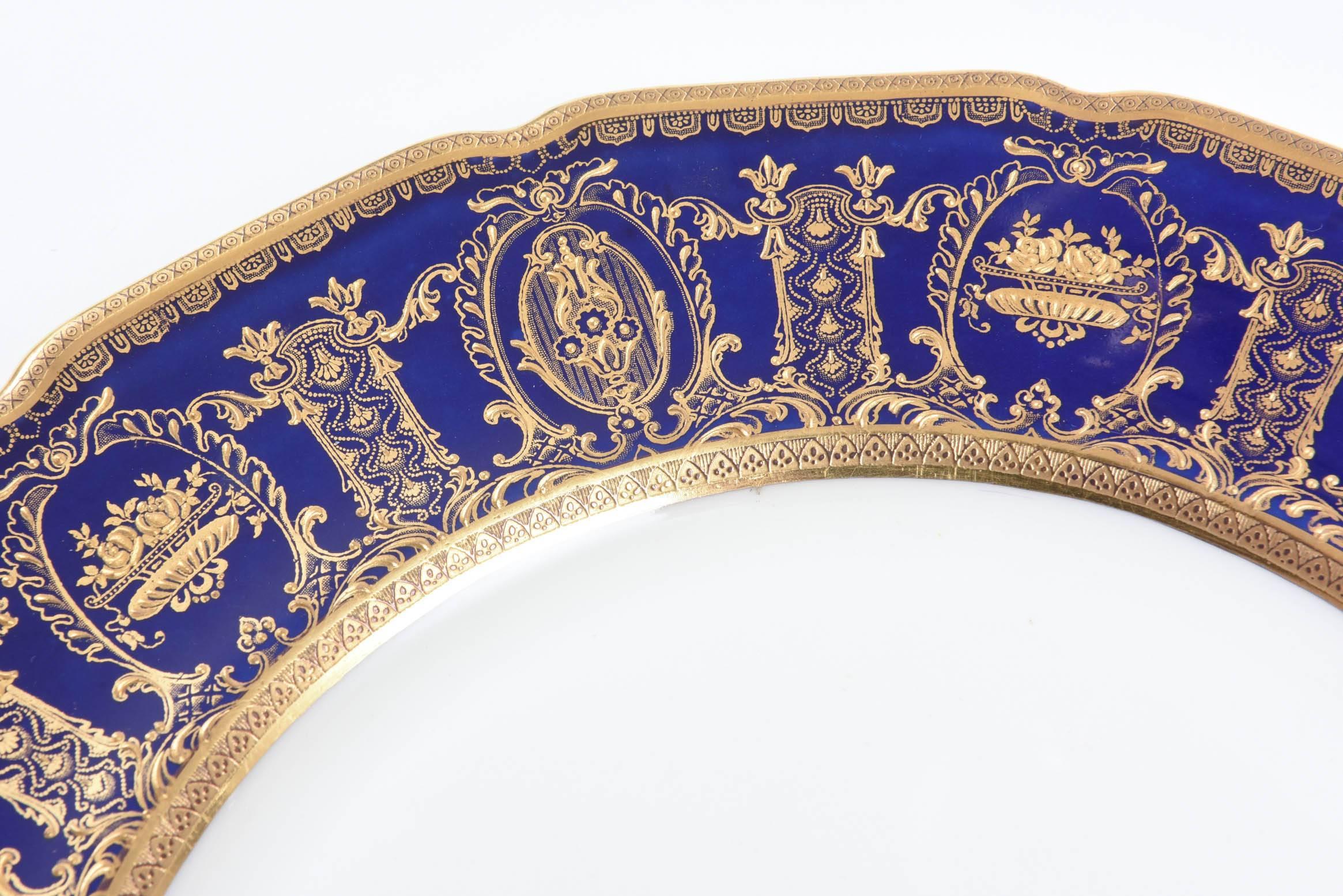 Six Custom for Tiffany Cobalt Blue & Gilt Encrusted Dinner Plates, English 1