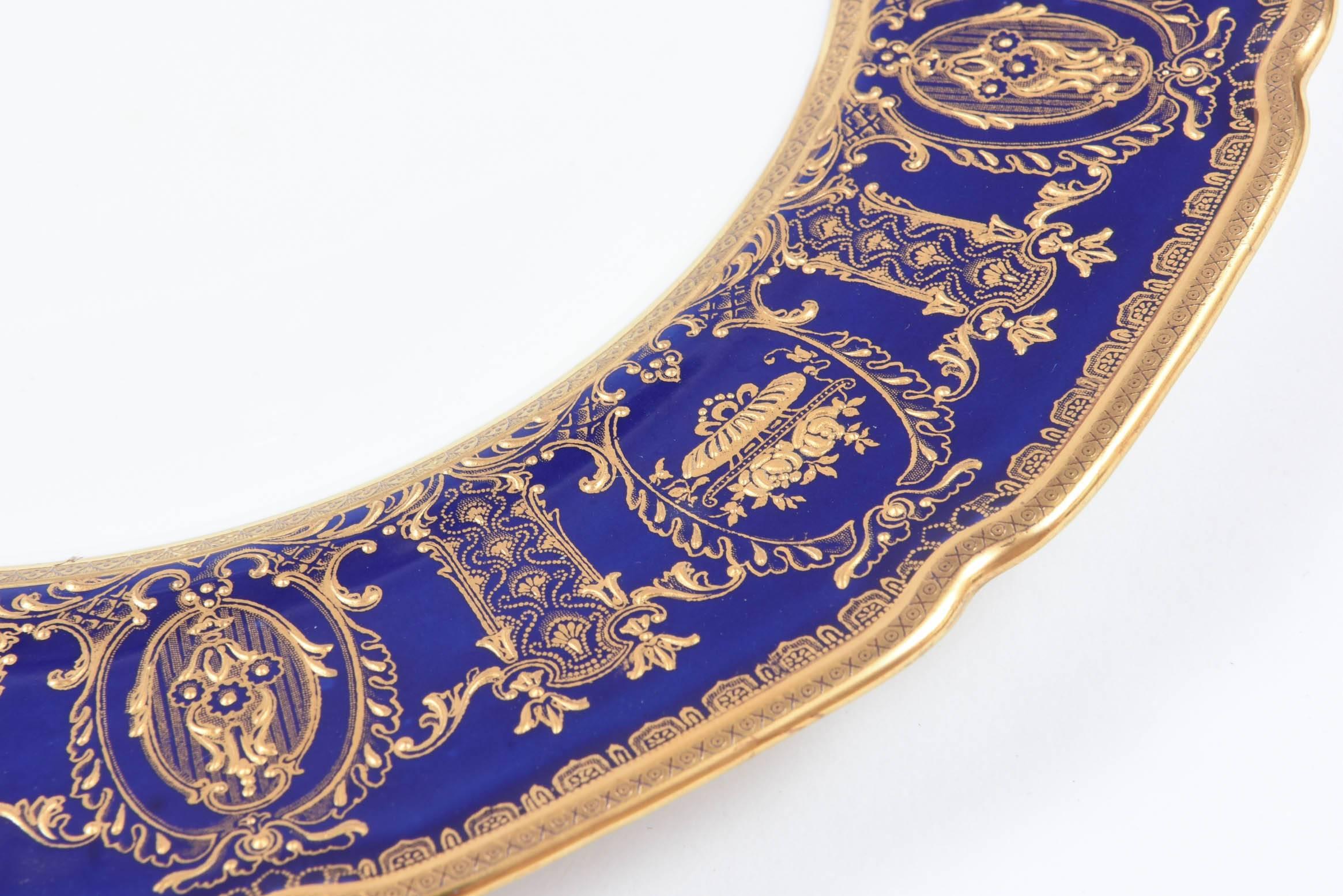 Six Custom for Tiffany Cobalt Blue & Gilt Encrusted Dinner Plates, English 4