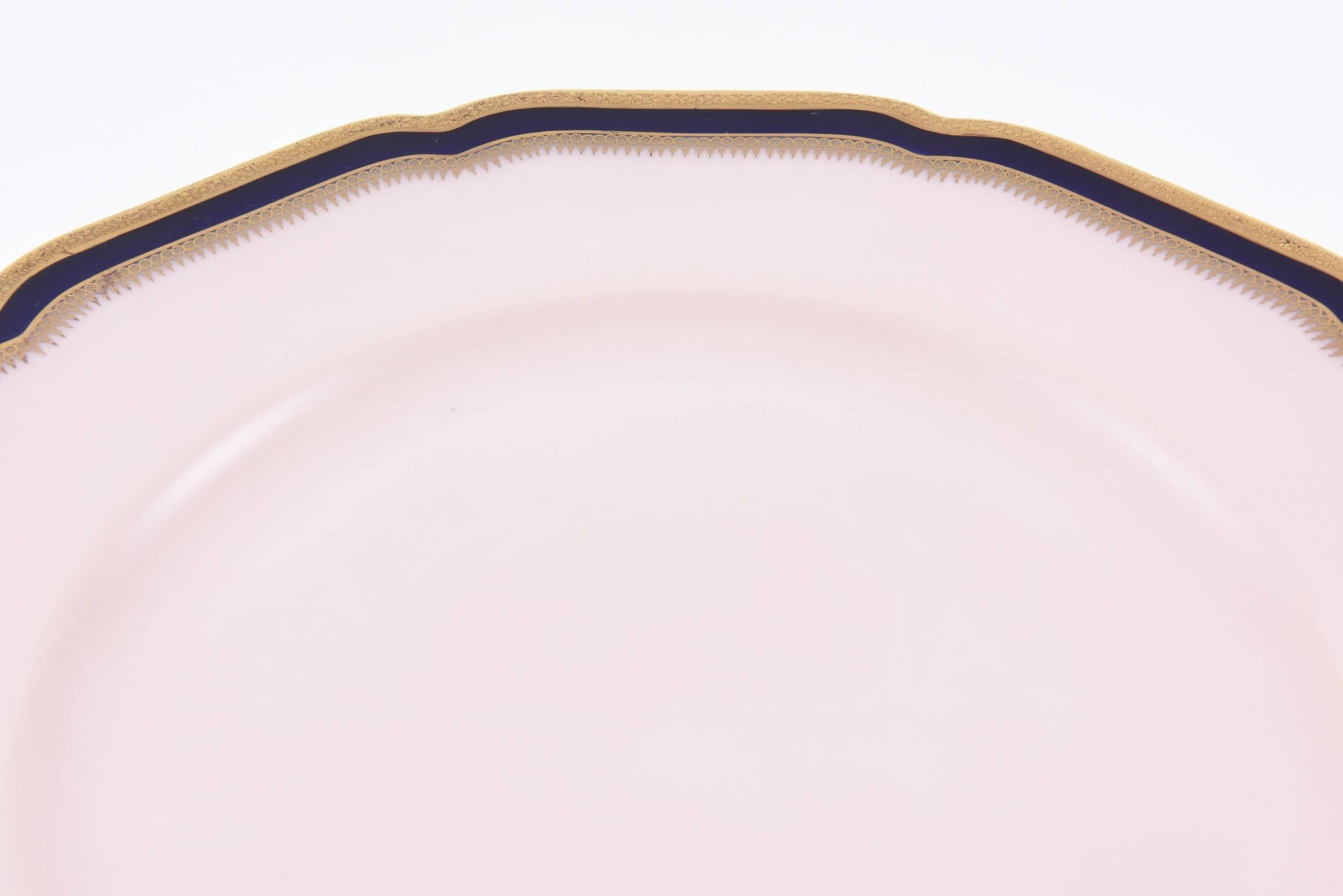 American 12 Antique Dinner Plates, Unique Cobalt Blue, Pink and Gilt Band