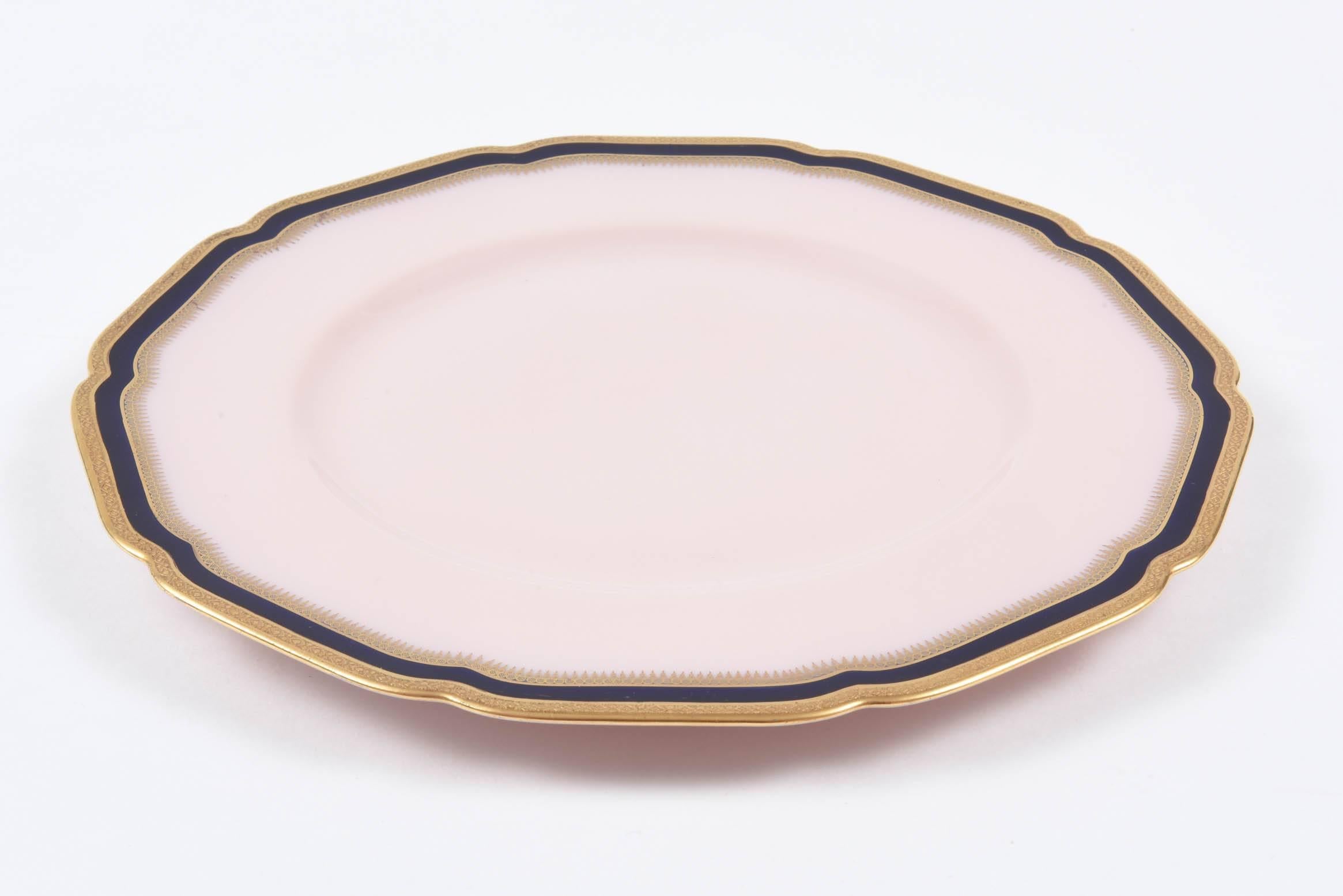 Hand-Crafted 12 Antique Dinner Plates, Unique Cobalt Blue, Pink and Gilt Band