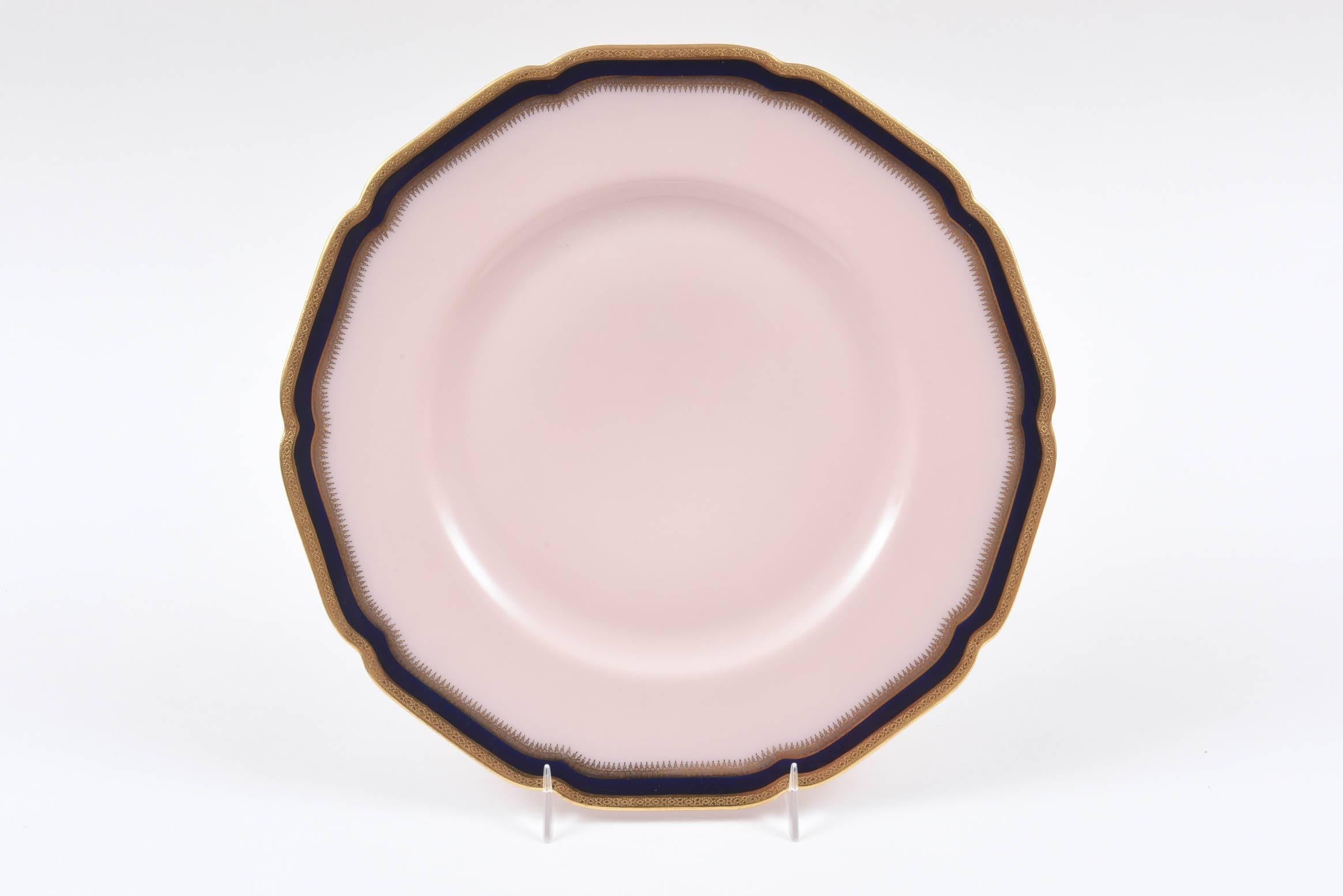 12 Antique Dinner Plates, Unique Cobalt Blue, Pink and Gilt Band In Good Condition In West Palm Beach, FL