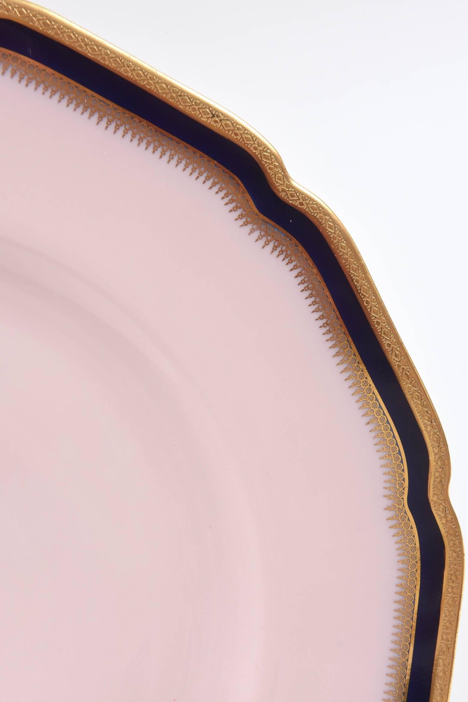 Mid-20th Century 12 Antique Dinner Plates, Unique Cobalt Blue, Pink and Gilt Band