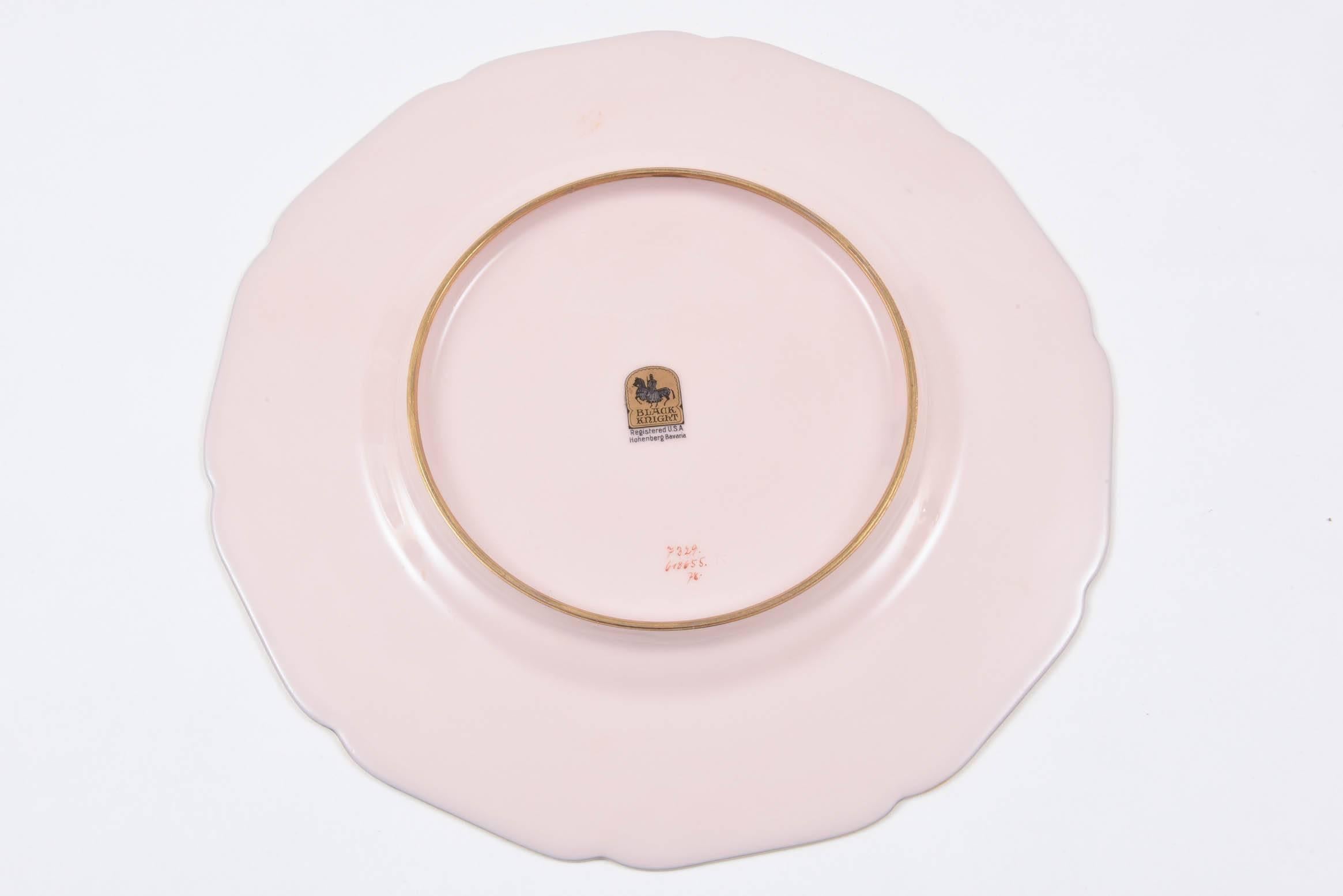 Gold 12 Antique Dinner Plates, Unique Cobalt Blue, Pink and Gilt Band