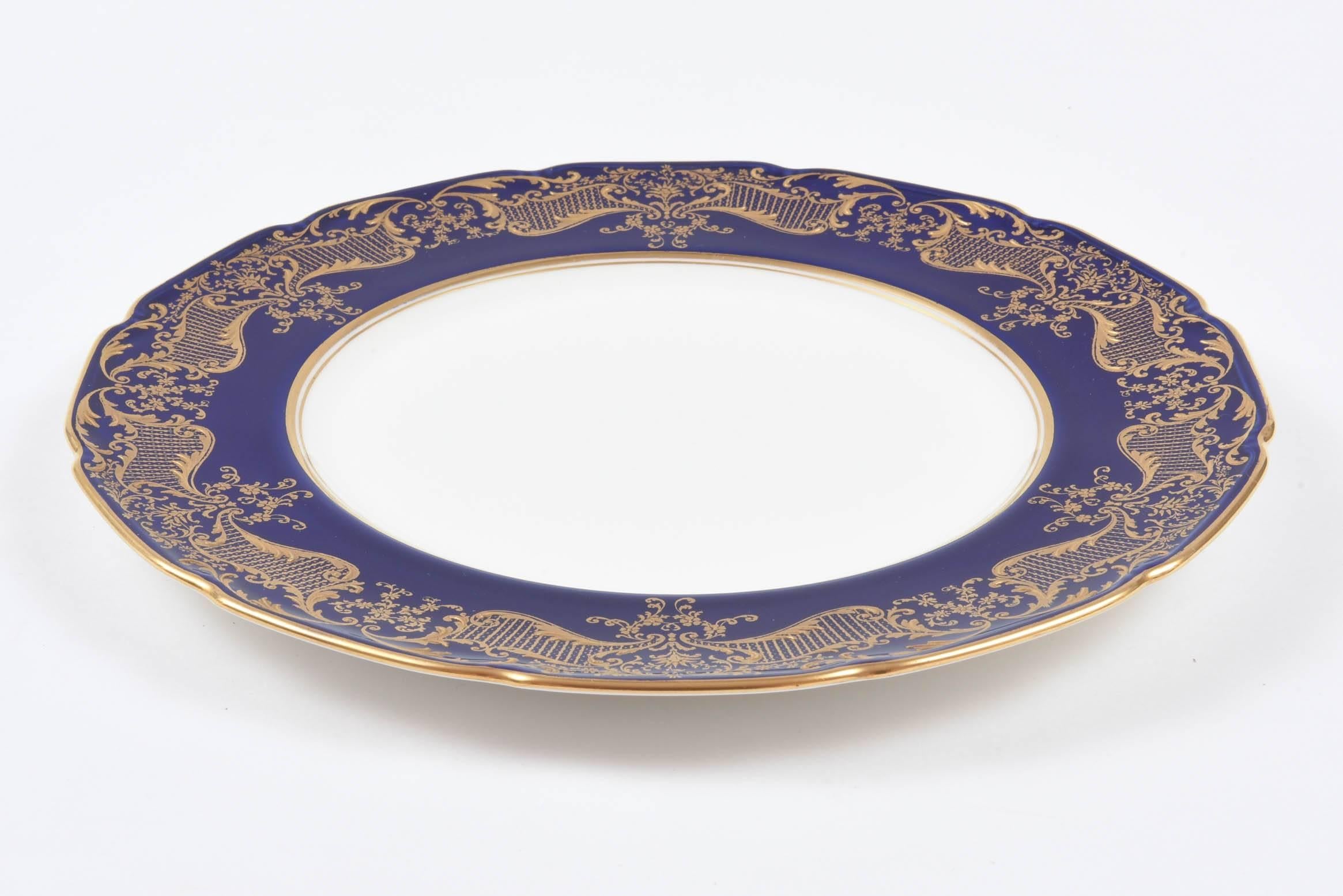 Hand-Crafted 12 Antique Dinner Plates, Cobalt Blue and Gilt Encrusted, England Scalloped Edge