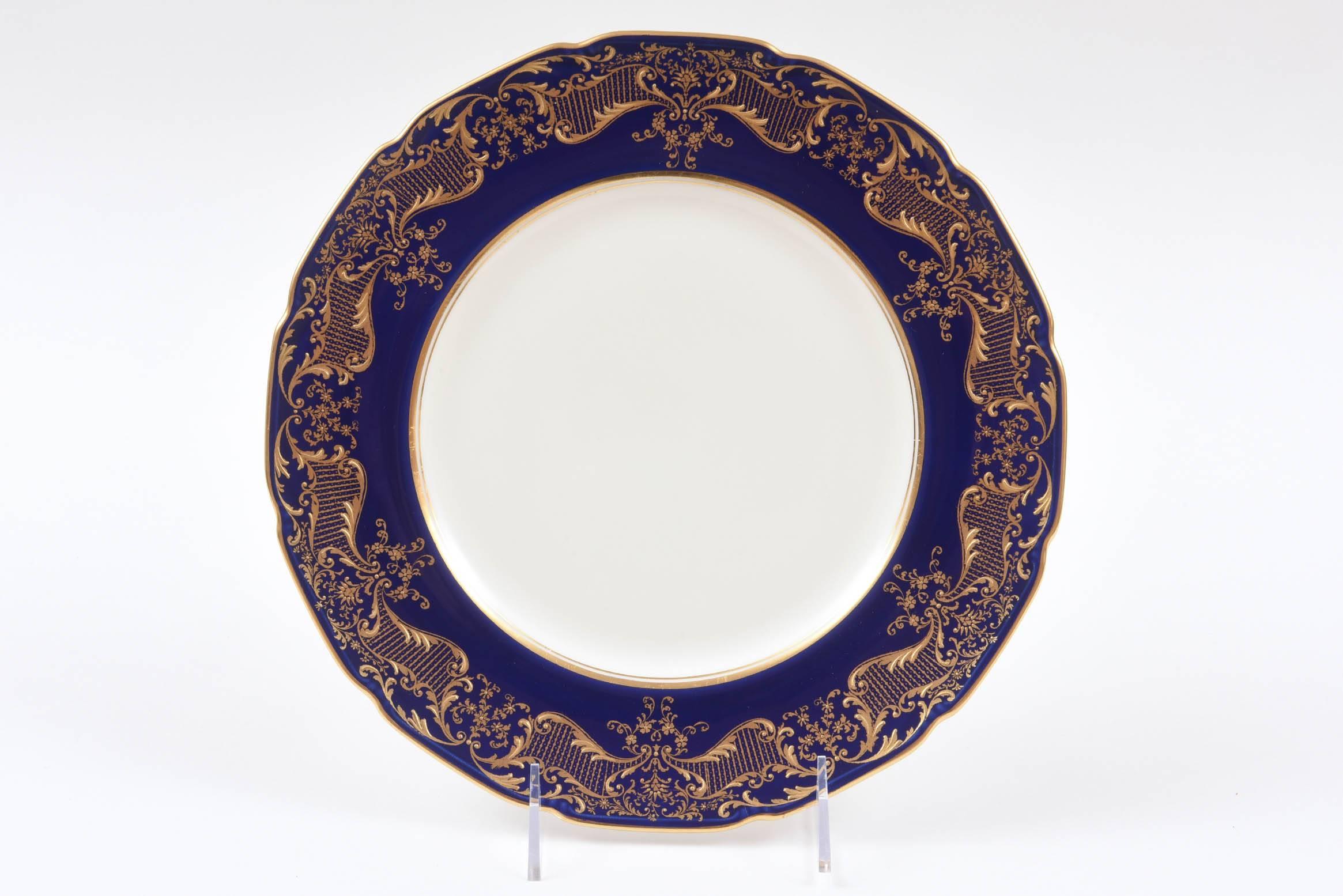 Gold 12 Antique Dinner Plates, Cobalt Blue and Gilt Encrusted, England Scalloped Edge