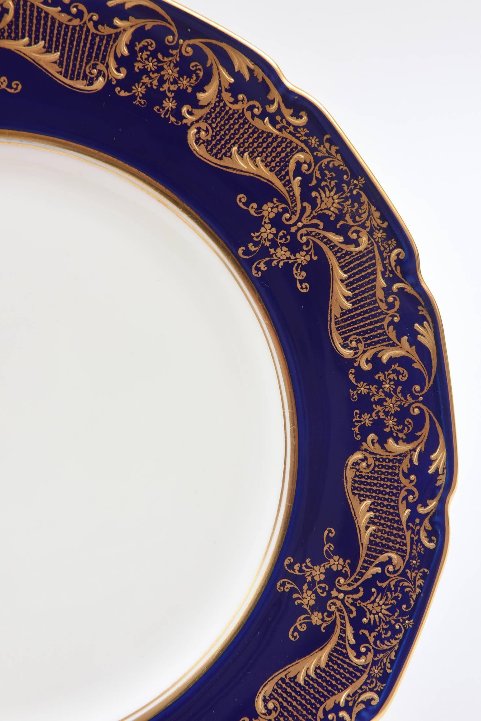 12 Antique Dinner Plates, Cobalt Blue and Gilt Encrusted, England Scalloped Edge 1