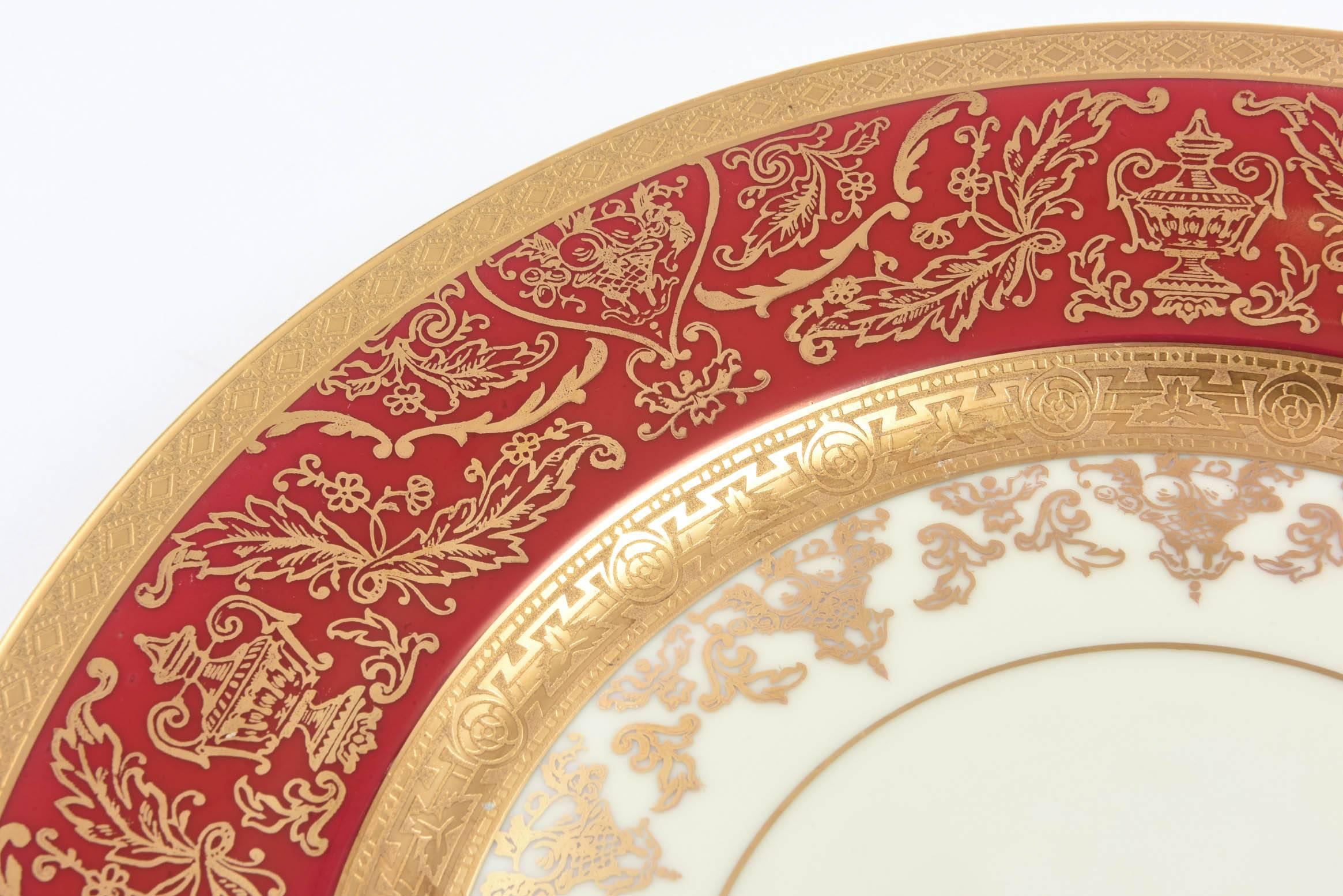 German 12 Impressive Ruby Red & Gold Encrusted Dinner or Presentation Plates, Antique