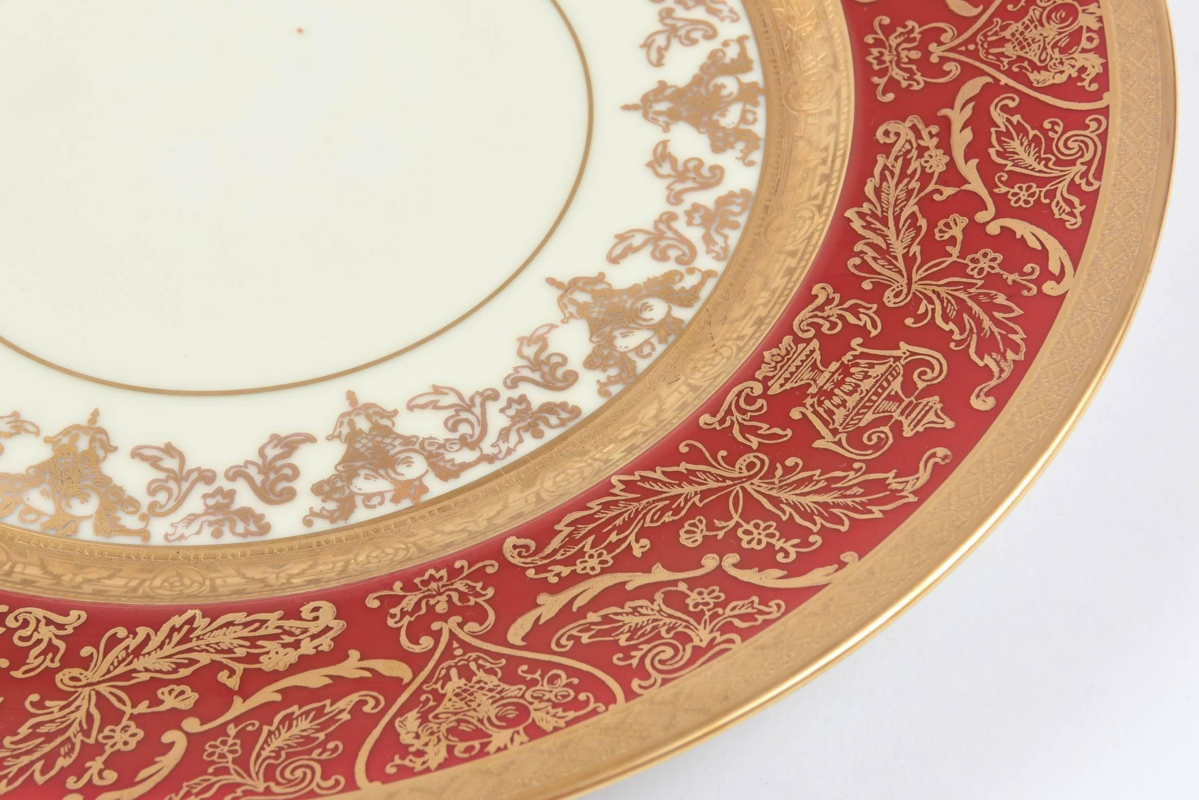 Hand-Crafted 12 Impressive Ruby Red & Gold Encrusted Dinner or Presentation Plates, Antique