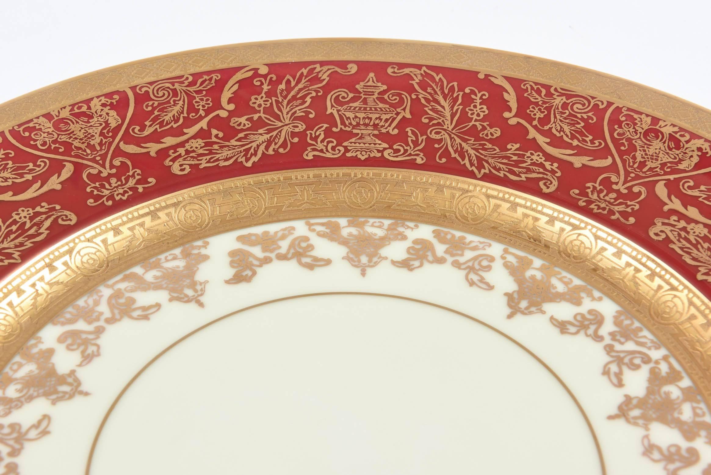 12 Impressive Ruby Red & Gold Encrusted Dinner or Presentation Plates, Antique In Good Condition In West Palm Beach, FL