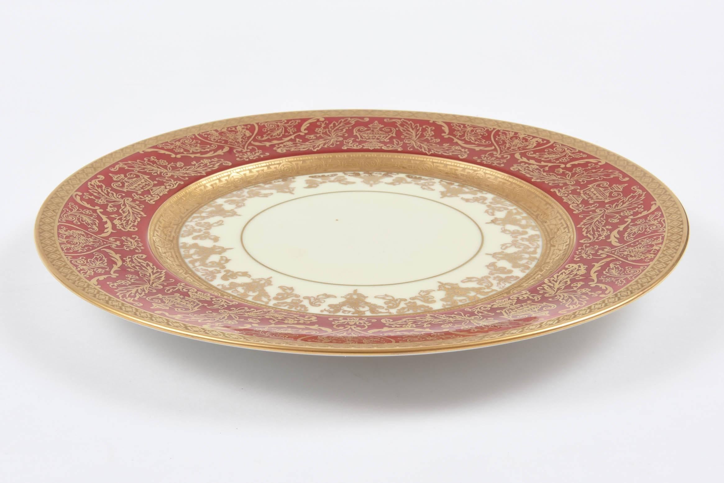 Early 20th Century 12 Impressive Ruby Red & Gold Encrusted Dinner or Presentation Plates, Antique