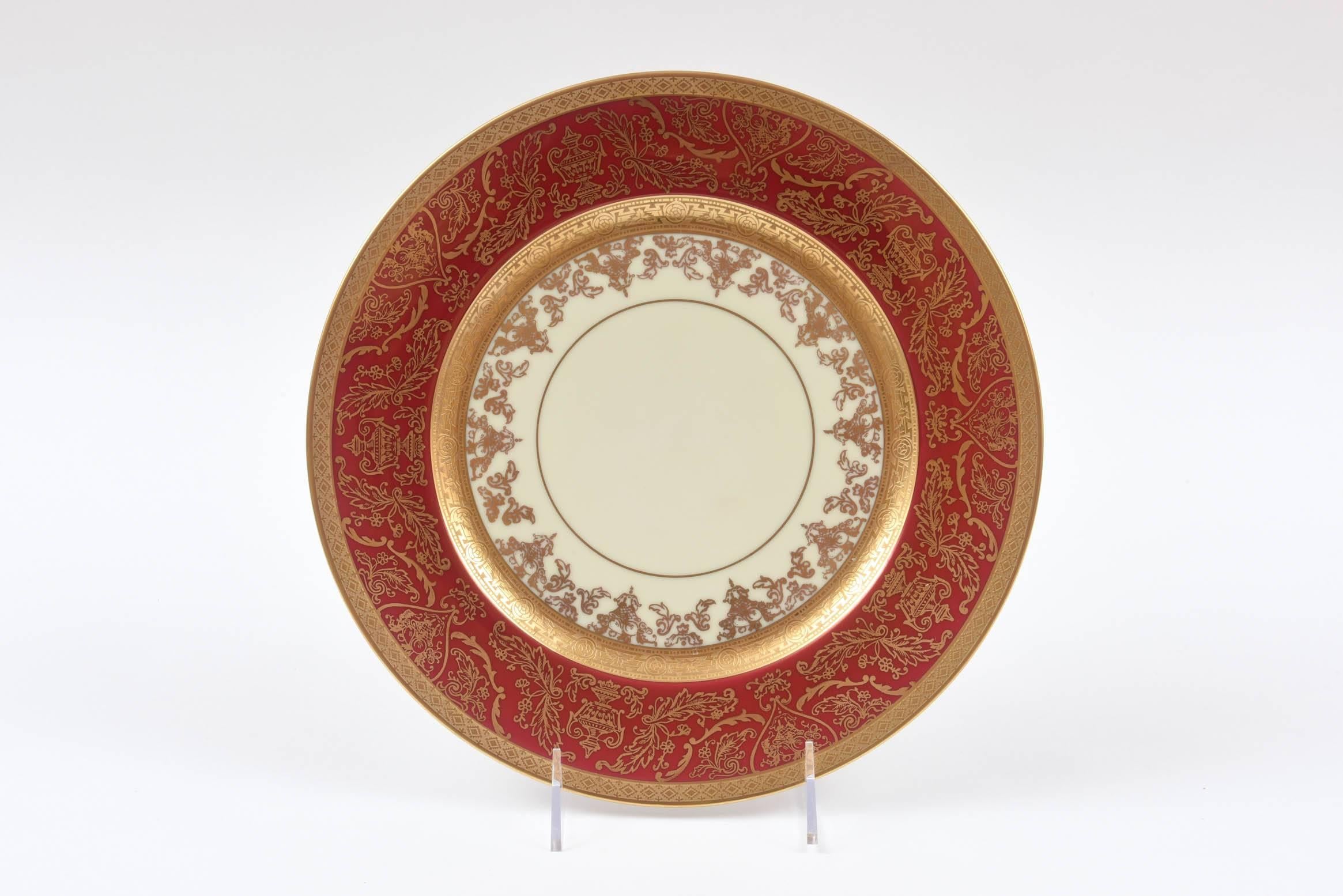 12 Impressive Ruby Red & Gold Encrusted Dinner or Presentation Plates, Antique 3