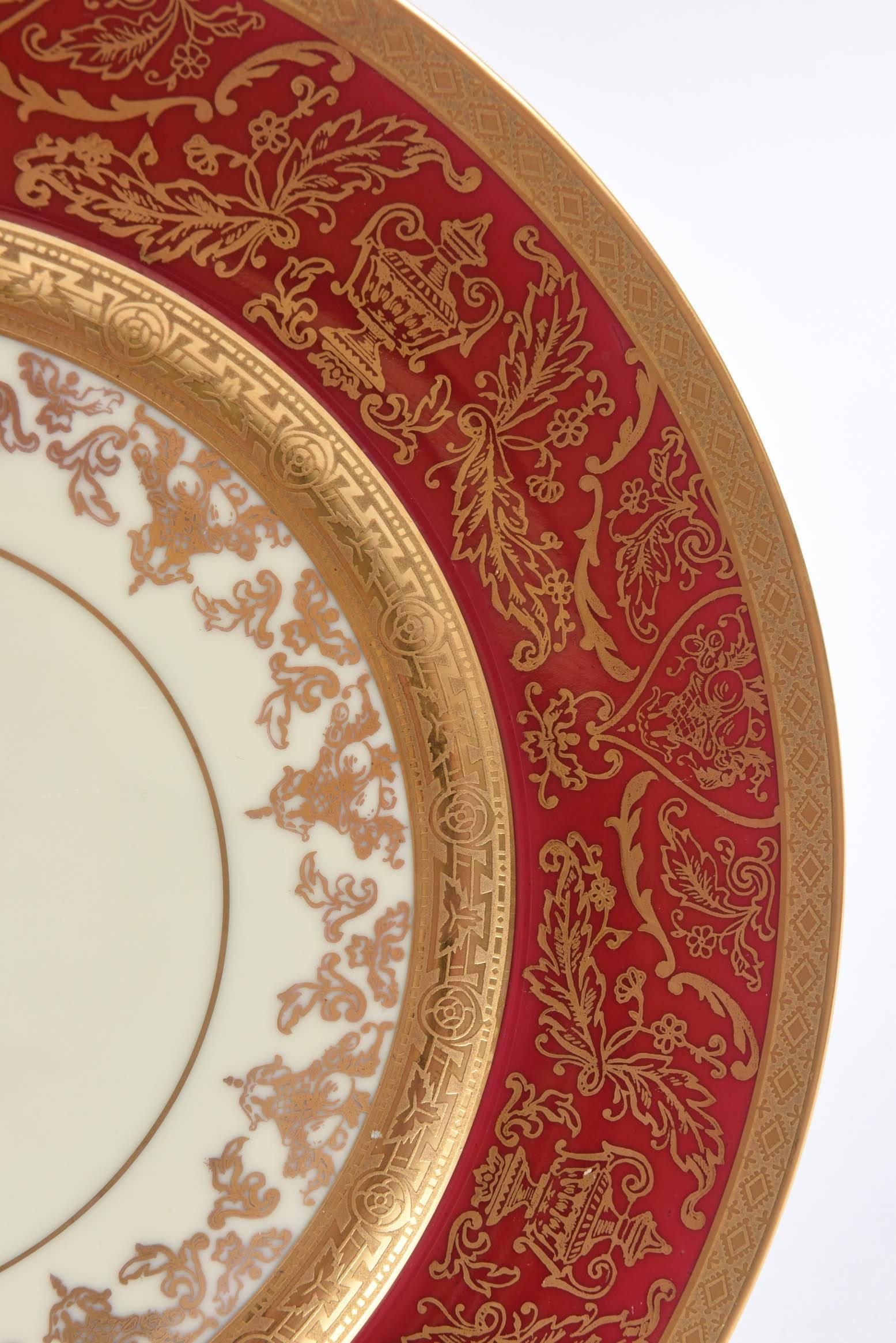 12 Impressive Ruby Red & Gold Encrusted Dinner or Presentation Plates, Antique 4