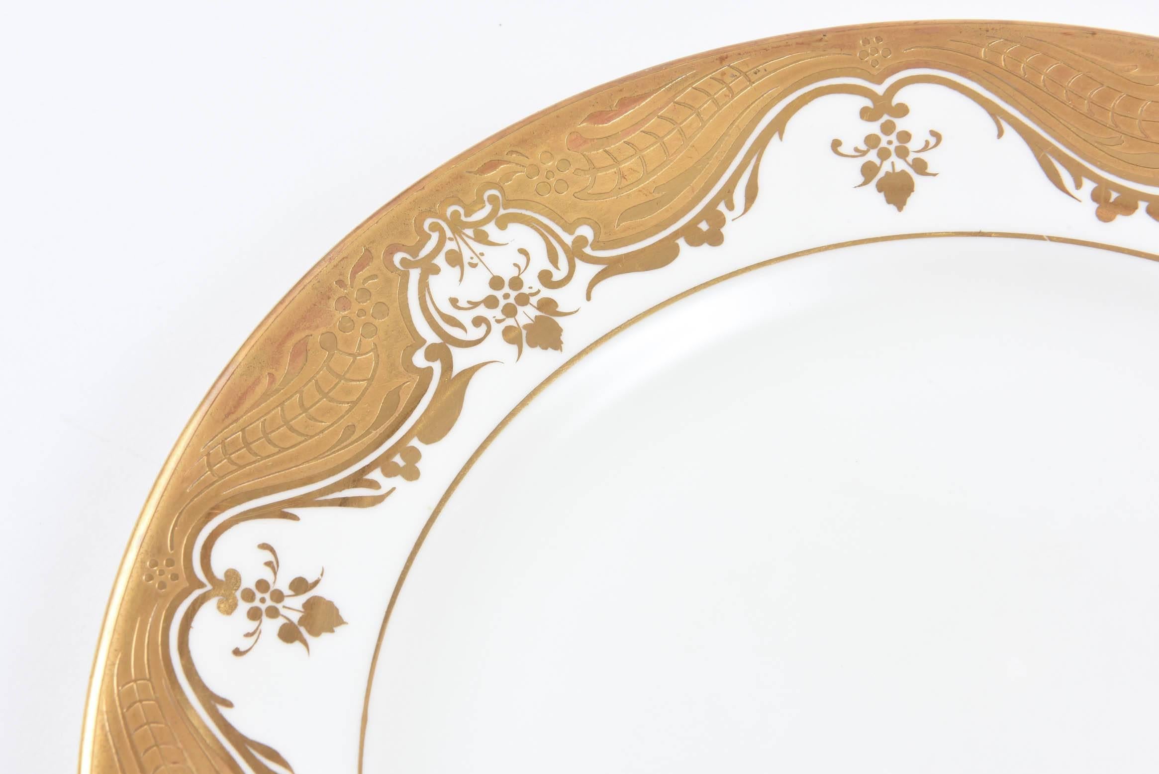 Hand-Crafted 12 Antique English White Gold Embossed Plates, Dinner, Buffet or Dessert