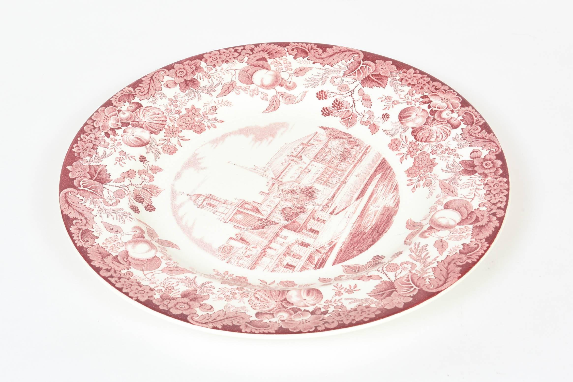 The classic designs Wedgwood produced for the university in their signature red. This grouping that we will be offering please inquire (many dinner plates, salad plates, demi tasse cup and saucer sets, huge platter) features crisp transferred scenes