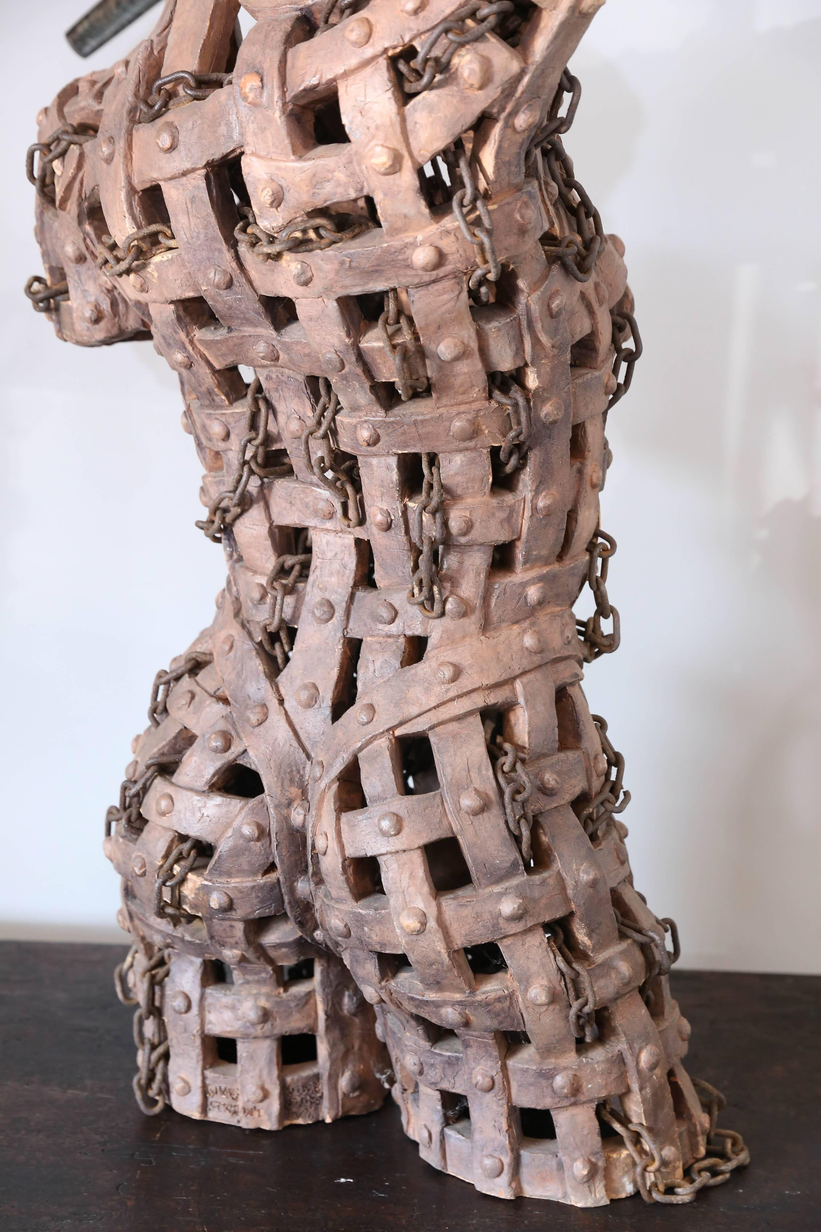 Tuscan Terracotta and Chain Female Sculpture by Italian Artist G. Ginestroni 2