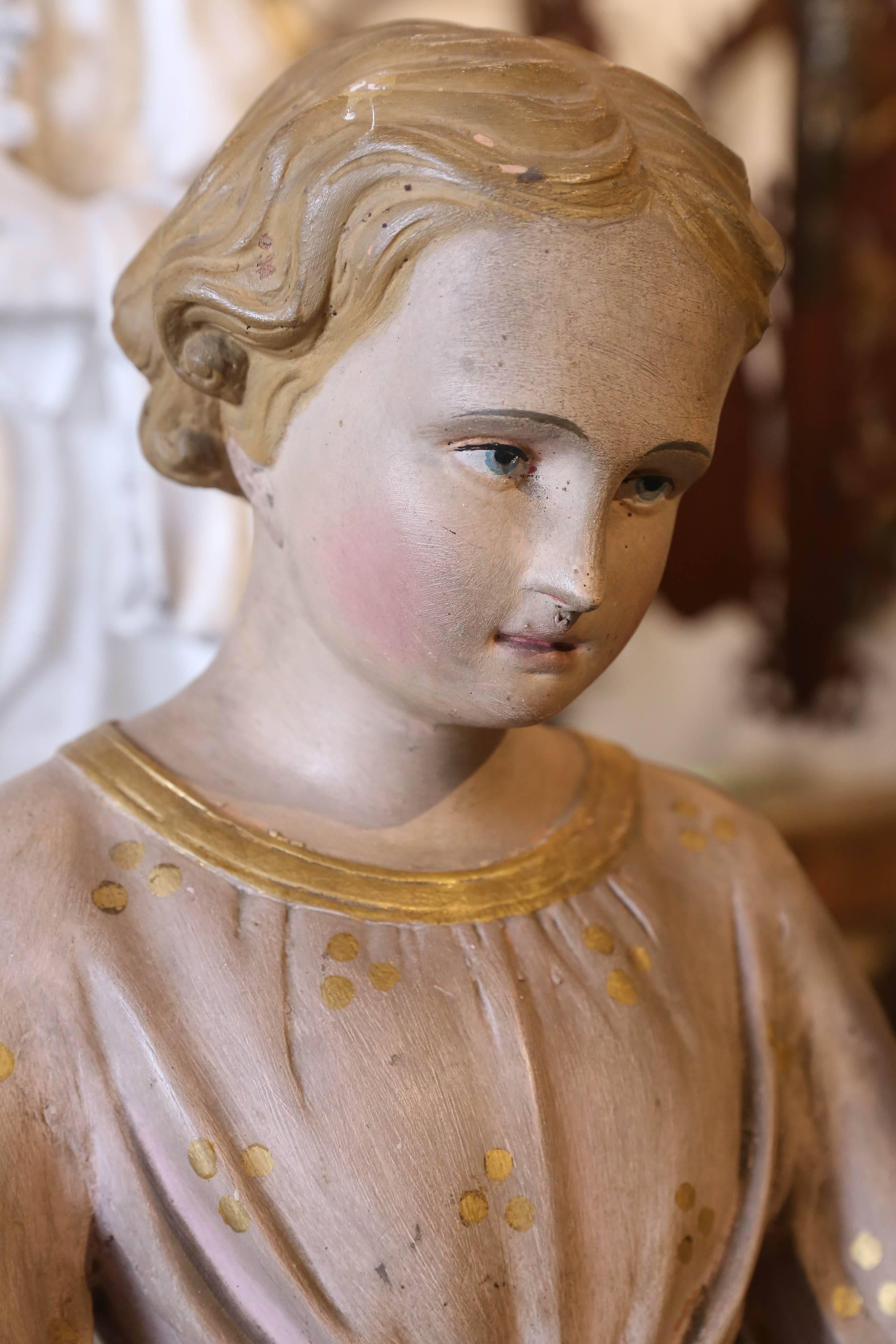 French Antique Painted Plaster Statue of Saint John Found in France, circa 1900