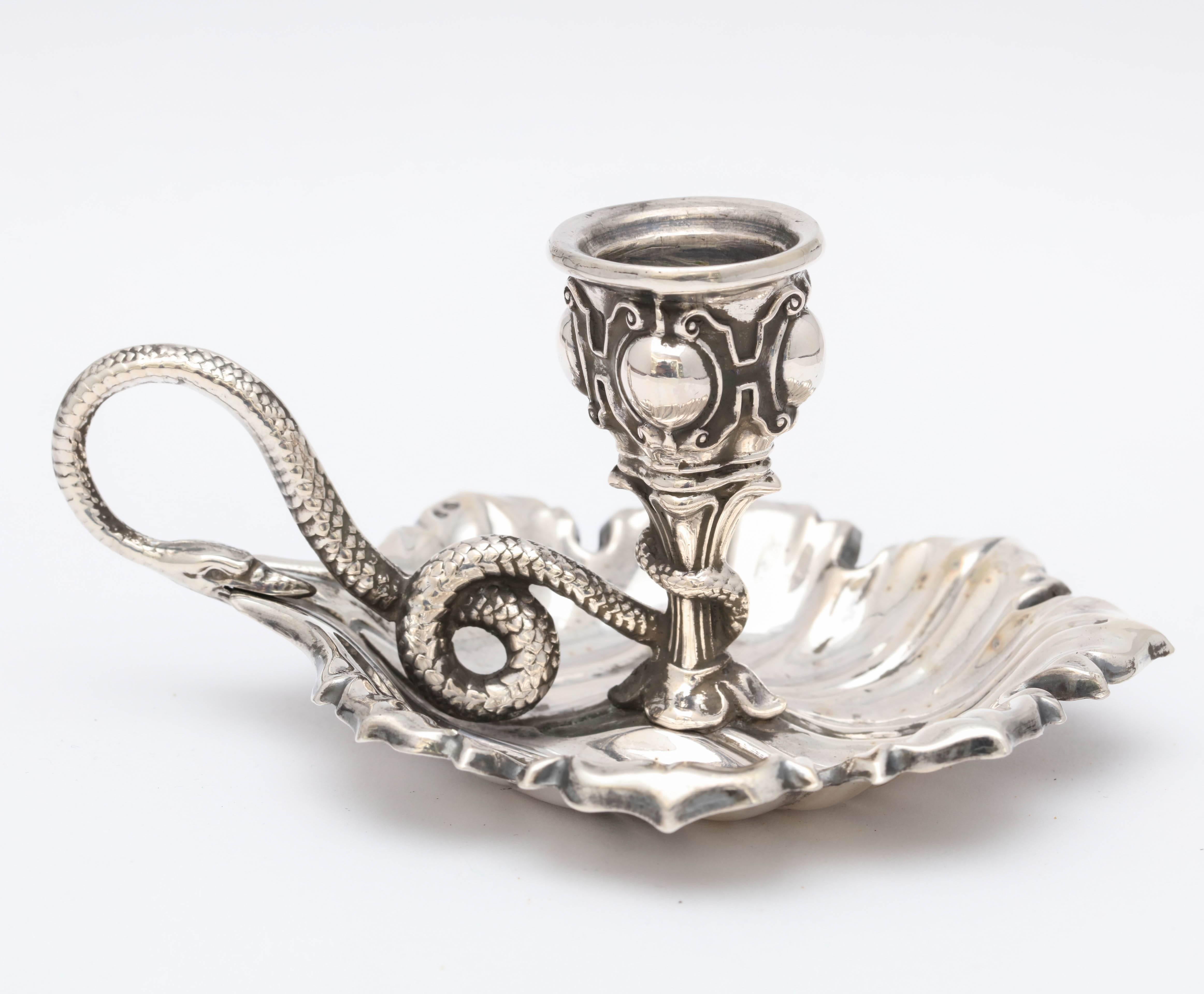 Lovely, Victorian, Continental Silver (.800) leaf-form chambersitck with snake handle, Austria, circa 1890s. Beautiful detail. Measure: A little over 3 3/4 inches deep x 4 1/2 inches wide (from edge of leaf to edge of snake handle) x just under 2