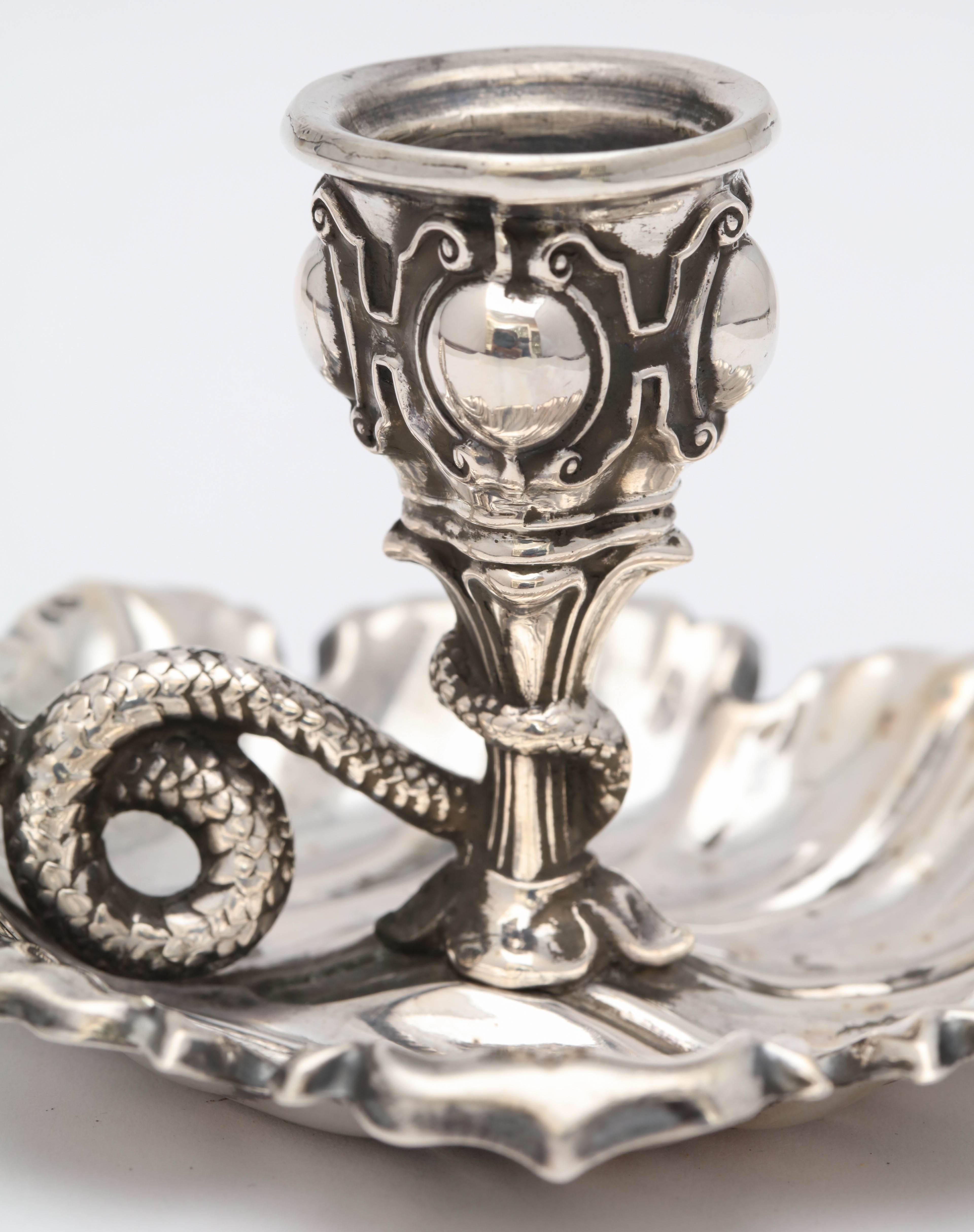 Victorian Continental Silver ‘.800’ Leaf Form Chamberstick with Snake Handle In Excellent Condition In New York, NY