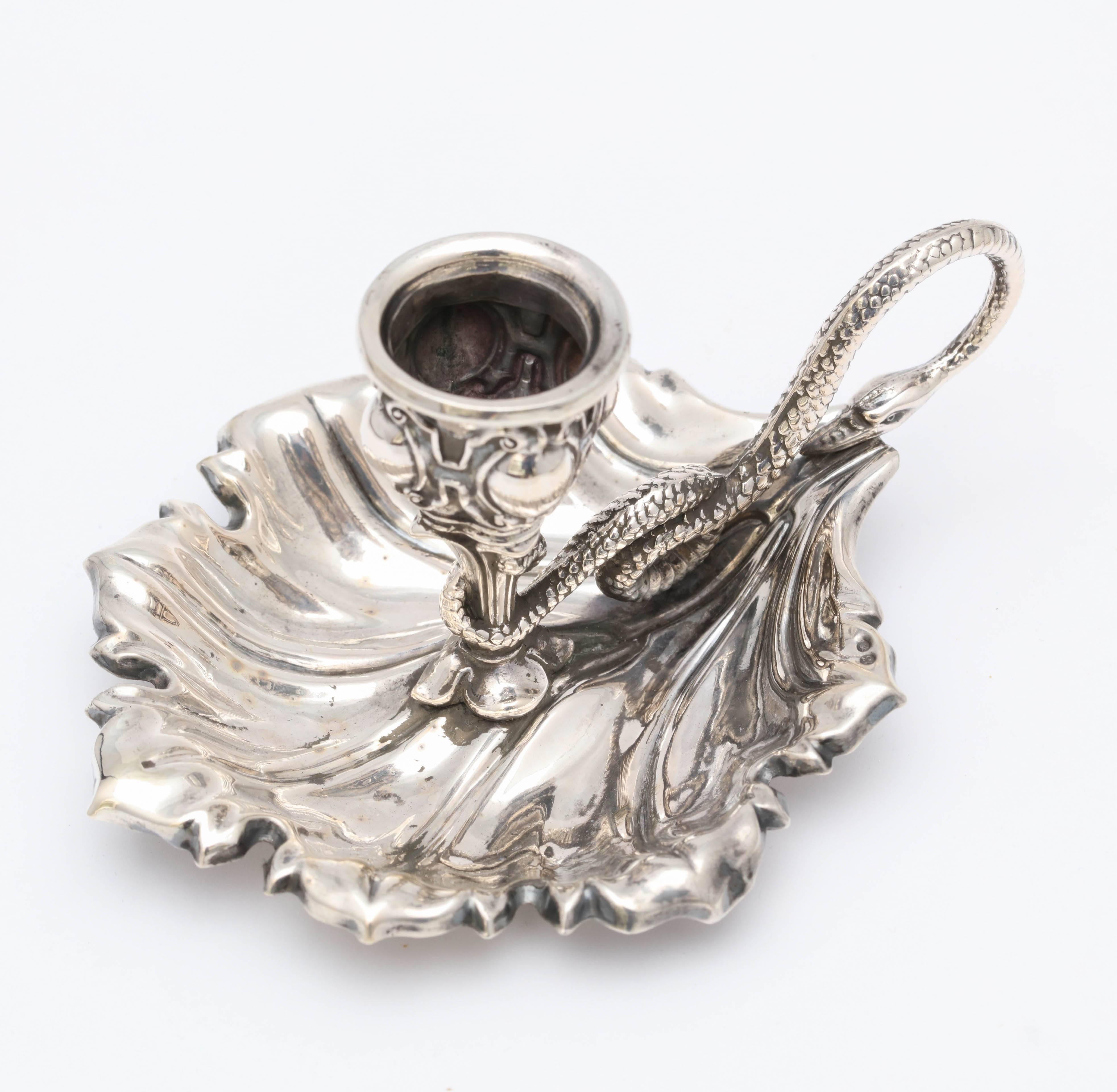 Sterling Silver Victorian Continental Silver ‘.800’ Leaf Form Chamberstick with Snake Handle
