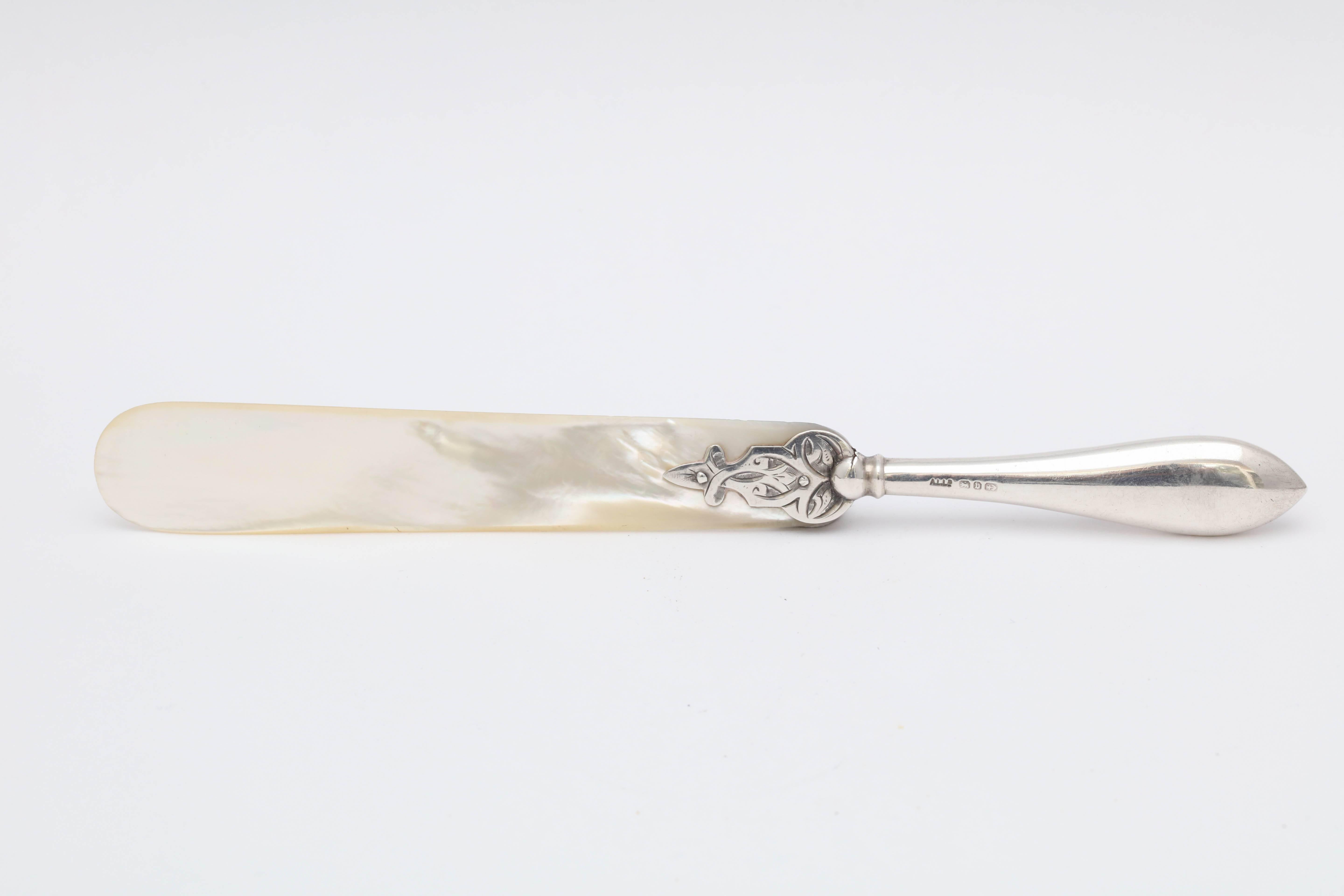 English Victorian Sterling Silver, Scottish Agate-Mounted Mother-of-Pearl Letter Opener