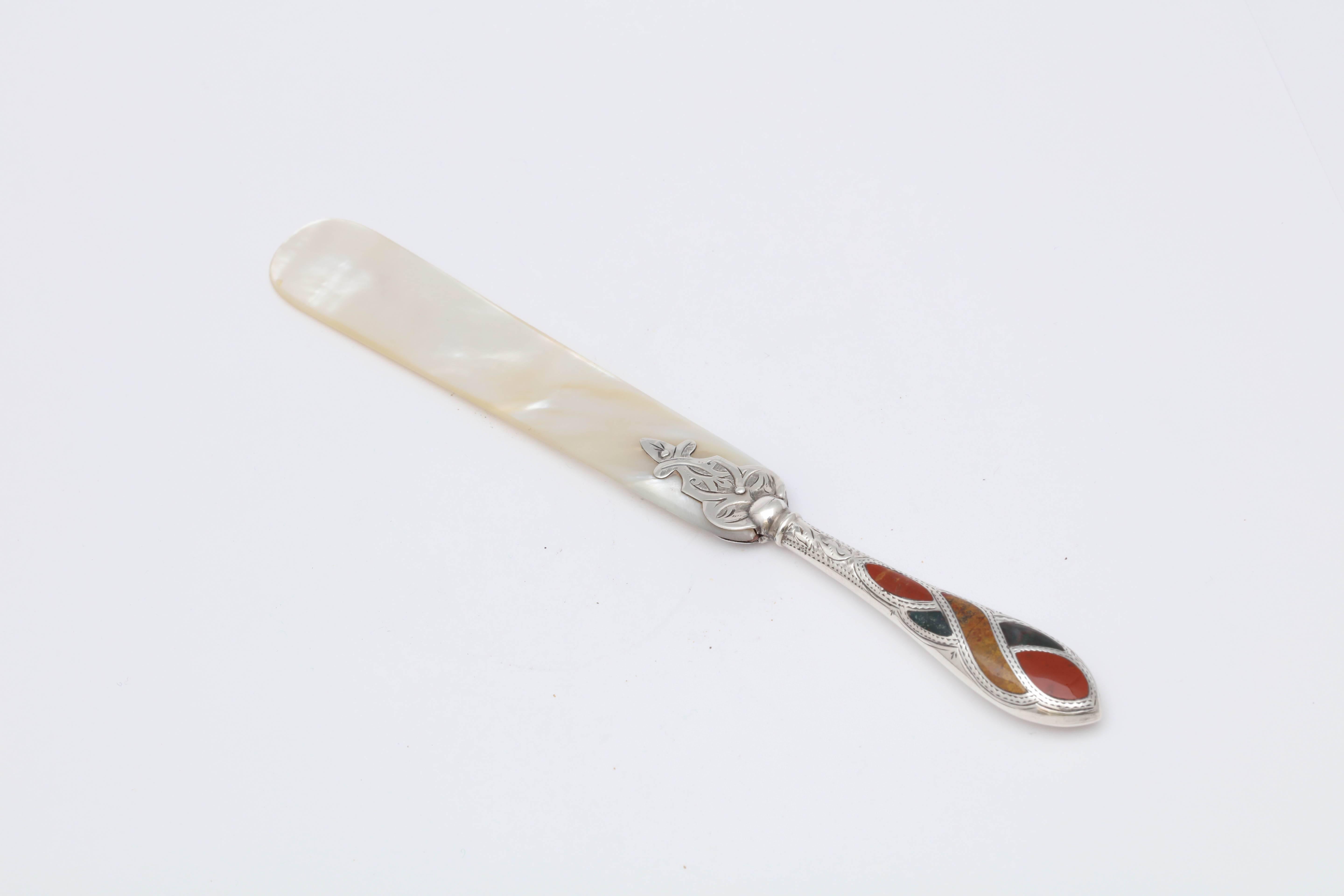 Victorian Sterling Silver, Scottish Agate-Mounted Mother-of-Pearl Letter Opener 1