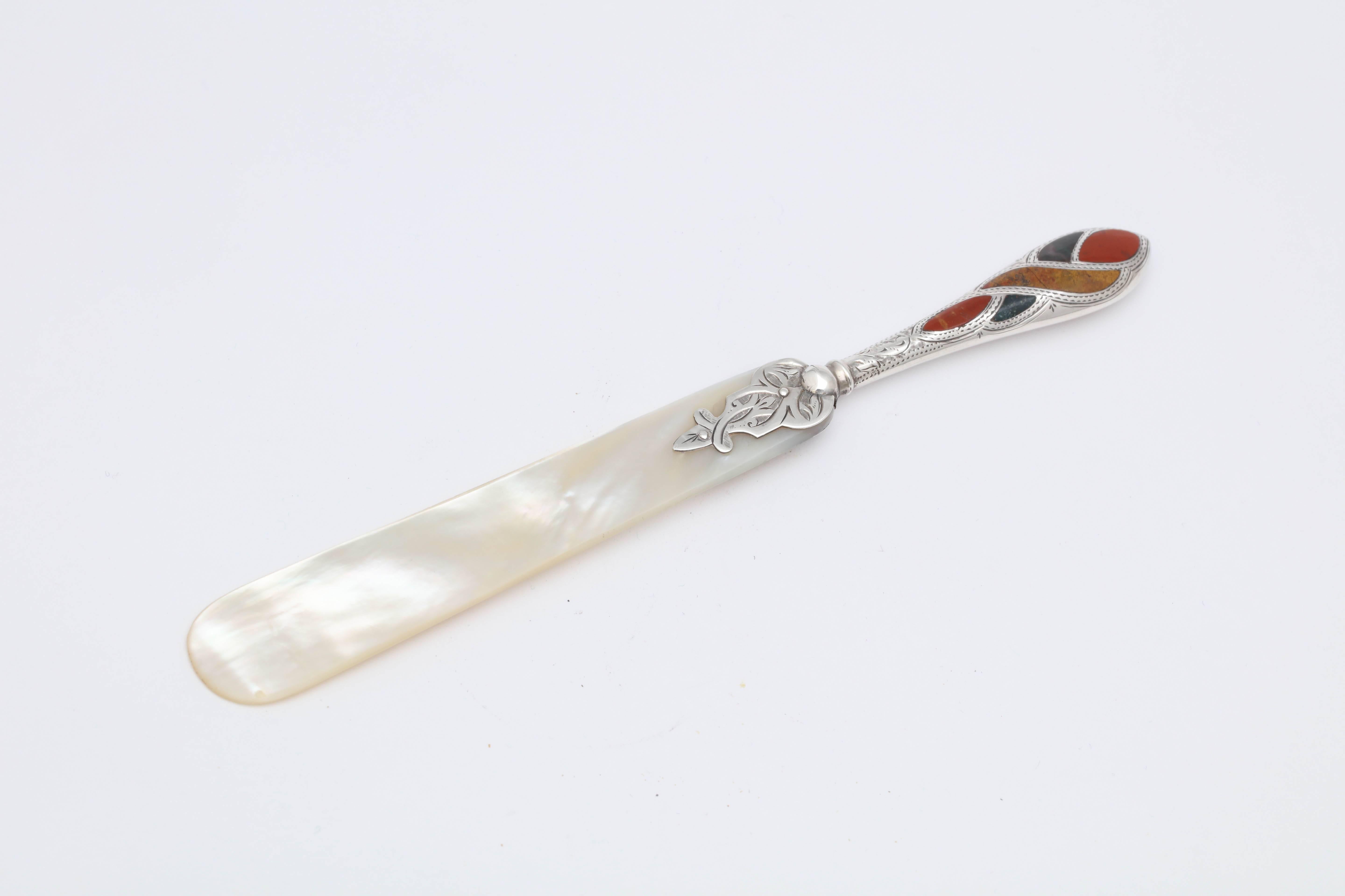 Victorian Sterling Silver, Scottish Agate-Mounted Mother-of-Pearl Letter Opener 2