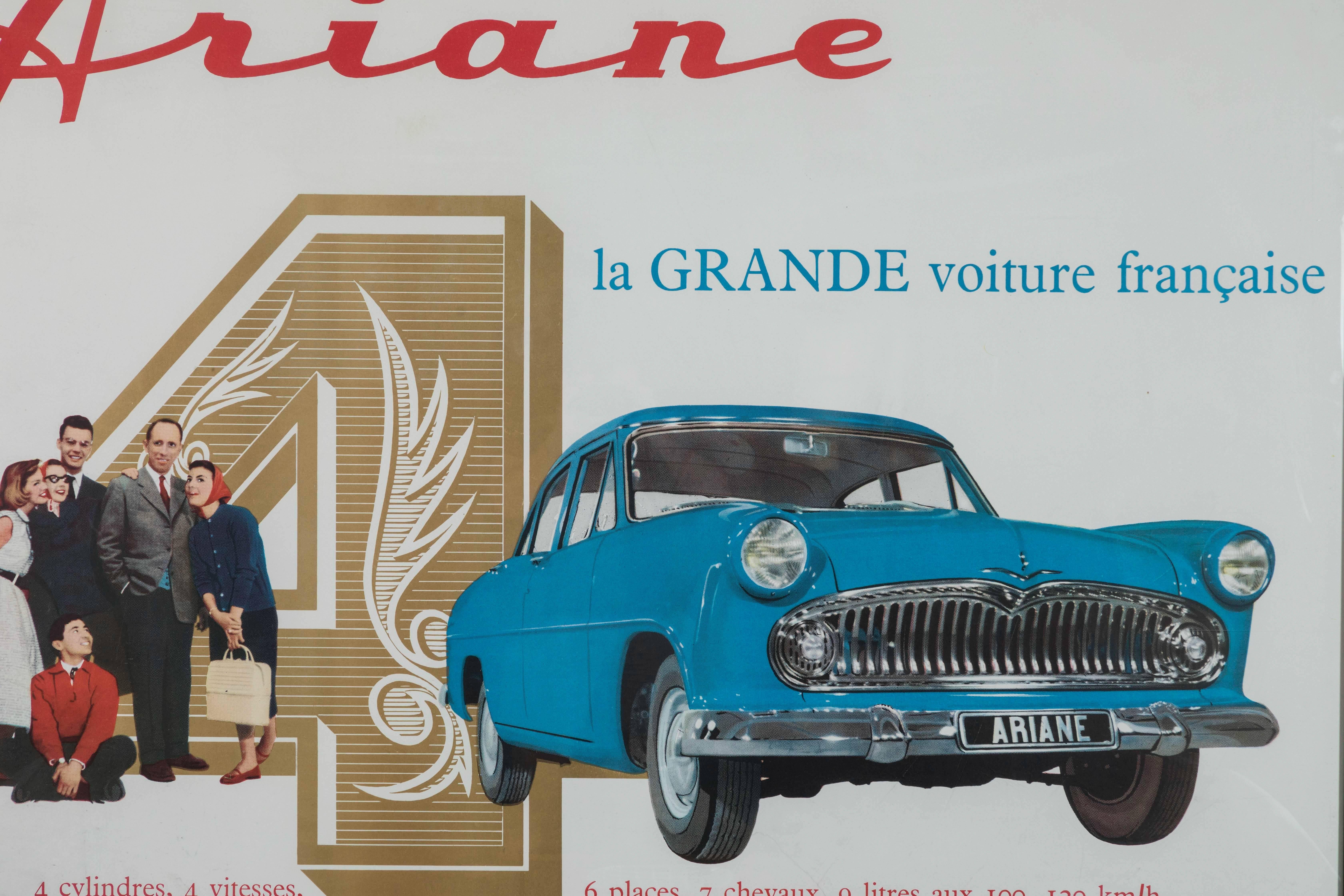 Vintage French Ariane automobile poster, 1960s. Perfect for the car enthusiast in your life. Framed. Very rare. 

The Simca Ariane was a large saloon car launched in April 1957 by the French automaker Simca. It was manufactured in the company's