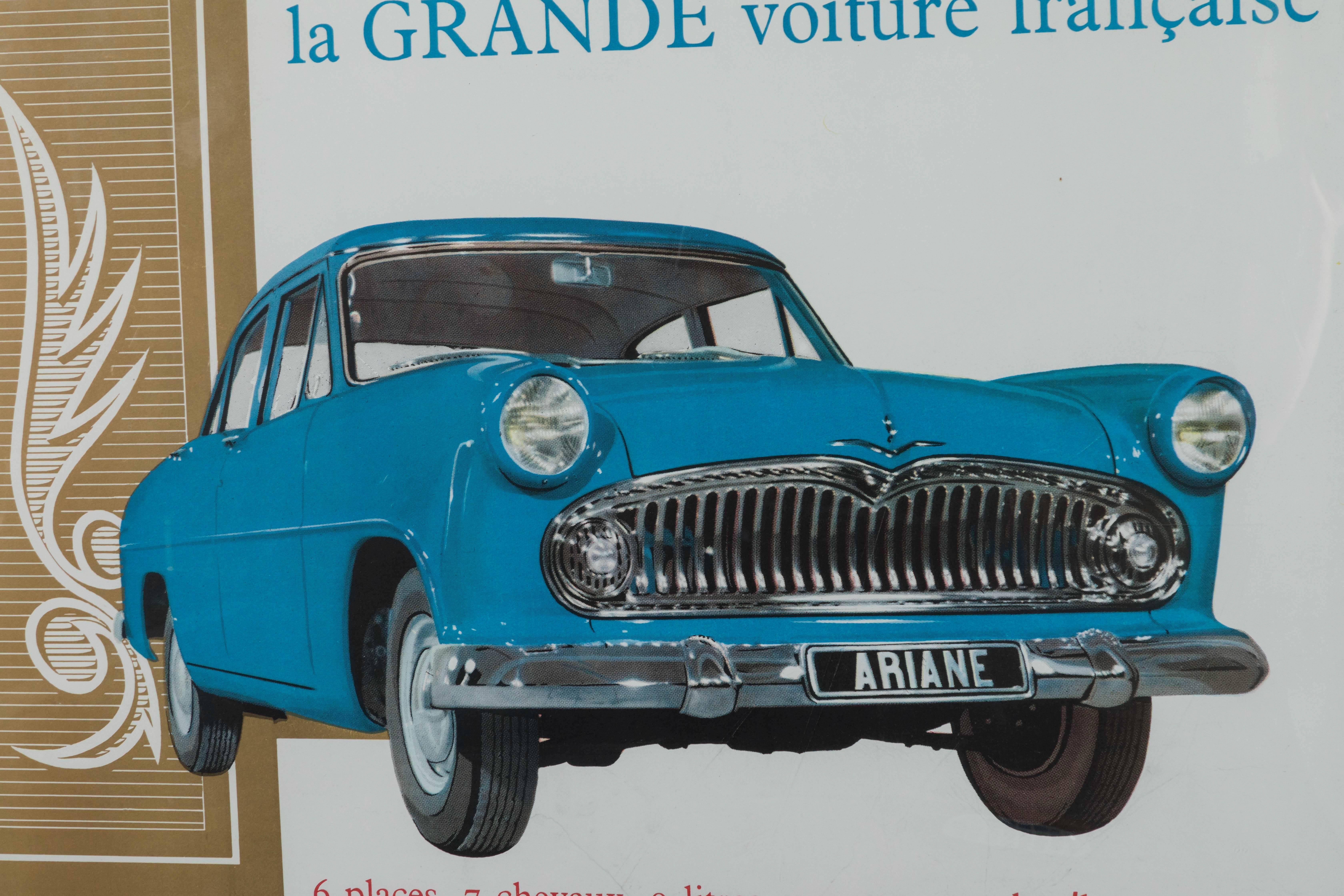Mid-Century Modern Framed Large Rare Vintage French Ariane Automobile Poster, 1960s For Sale