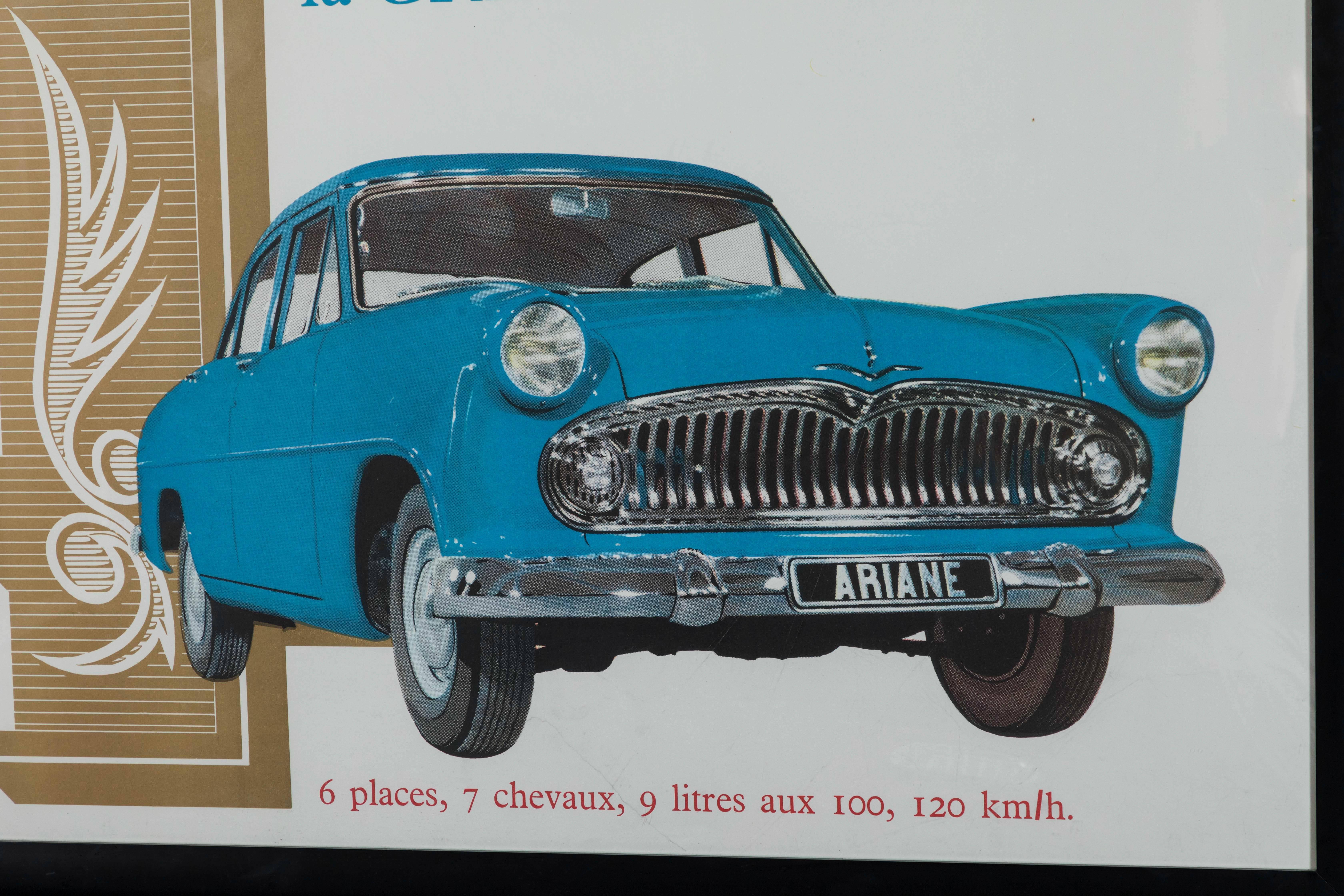 Paper Framed Large Rare Vintage French Ariane Automobile Poster, 1960s For Sale