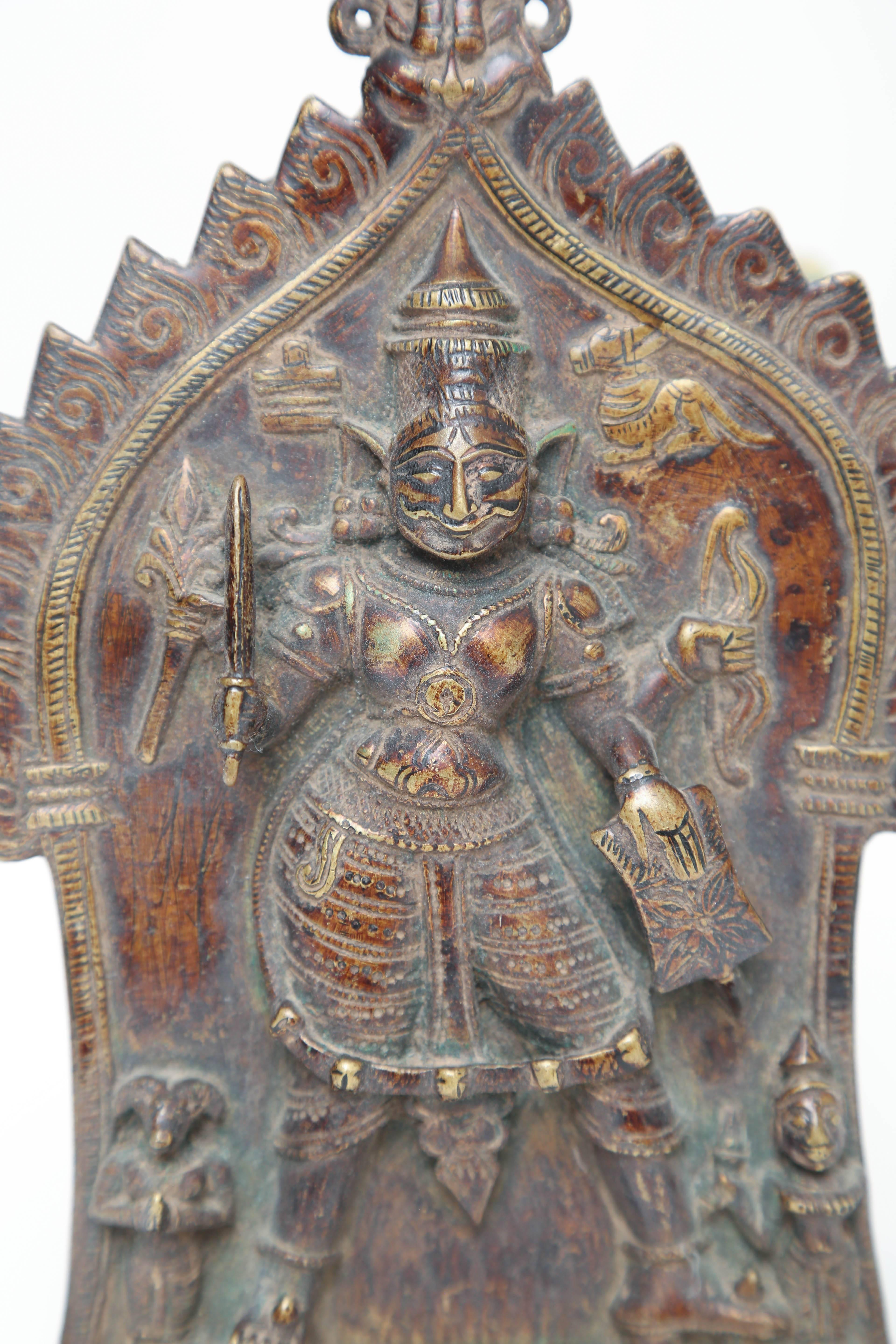 Tribal Indian Bronze and Copper Alloy Plaque of Four-Armed Durga, 18th-19th Century