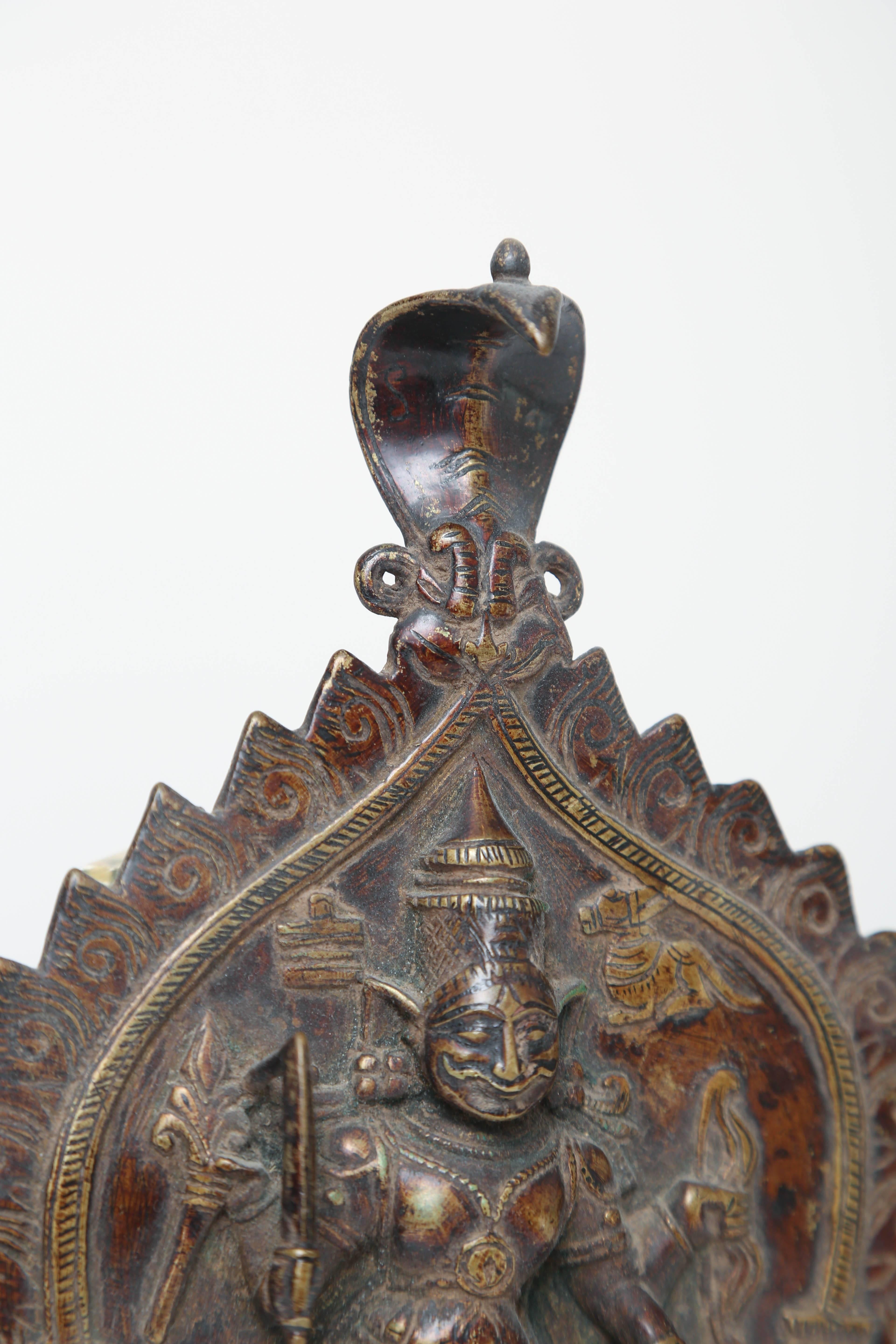 Cast Indian Bronze and Copper Alloy Plaque of Four-Armed Durga, 18th-19th Century