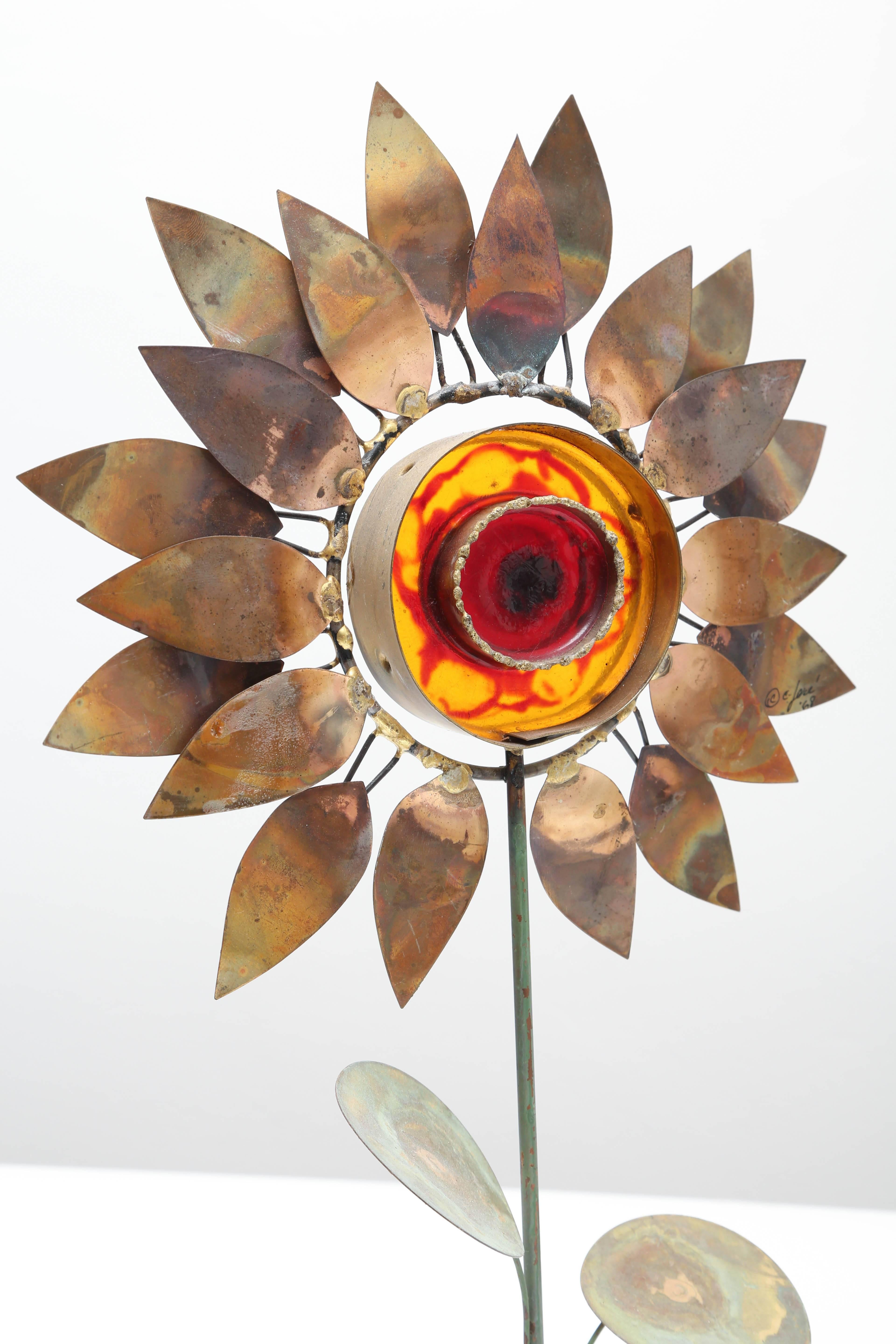 Folk Art Rare Signed Curtis Jere Copper and Resin Sunflower Sculpture, 1968