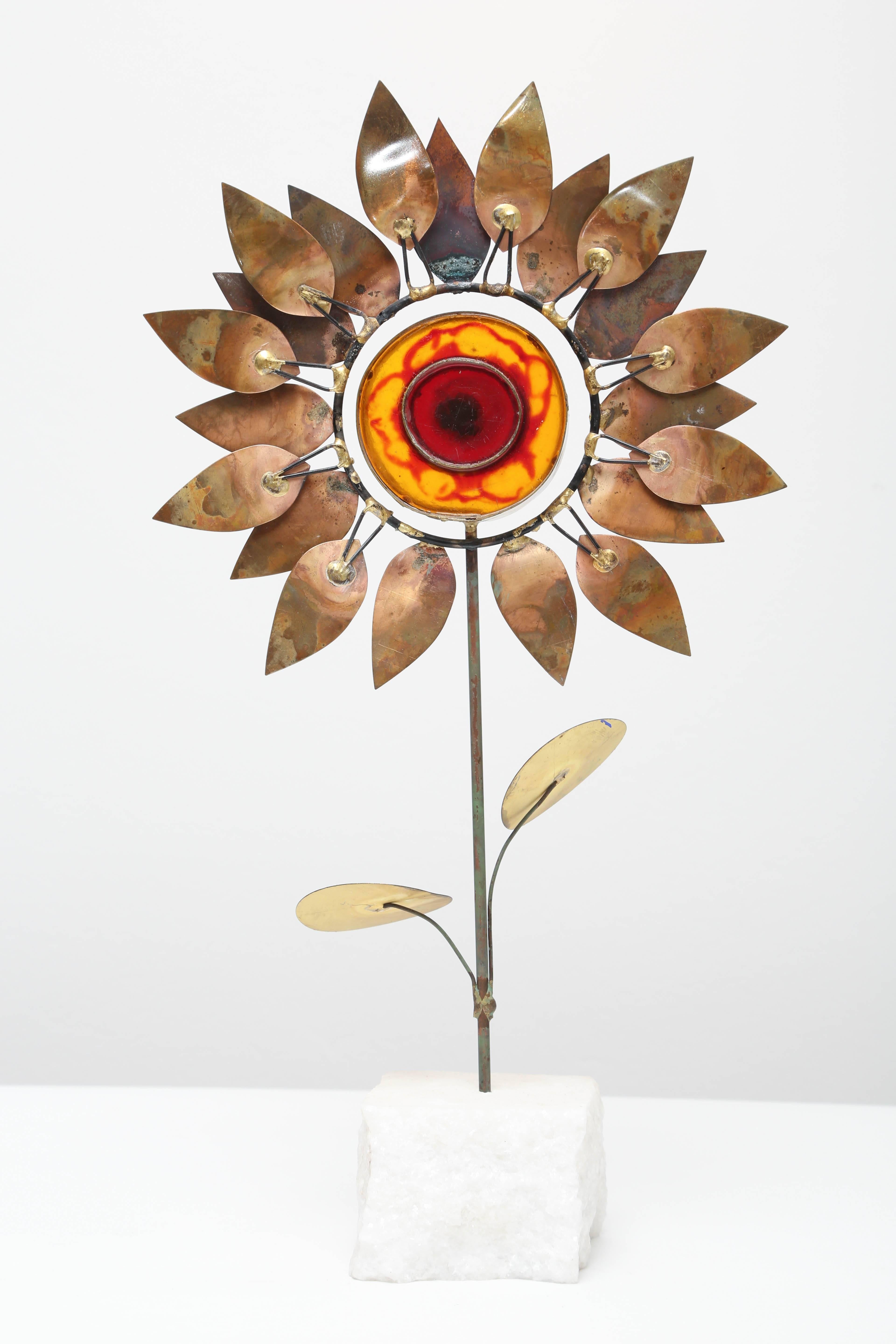 Rare Signed Curtis Jere Copper and Resin Sunflower Sculpture, 1968 In Excellent Condition In Kensington, MD