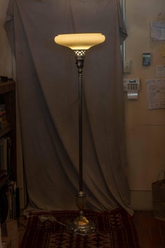 Chrome-Plated Torchiere Floor Lamp with Agate Glass, and Original Glass Shade