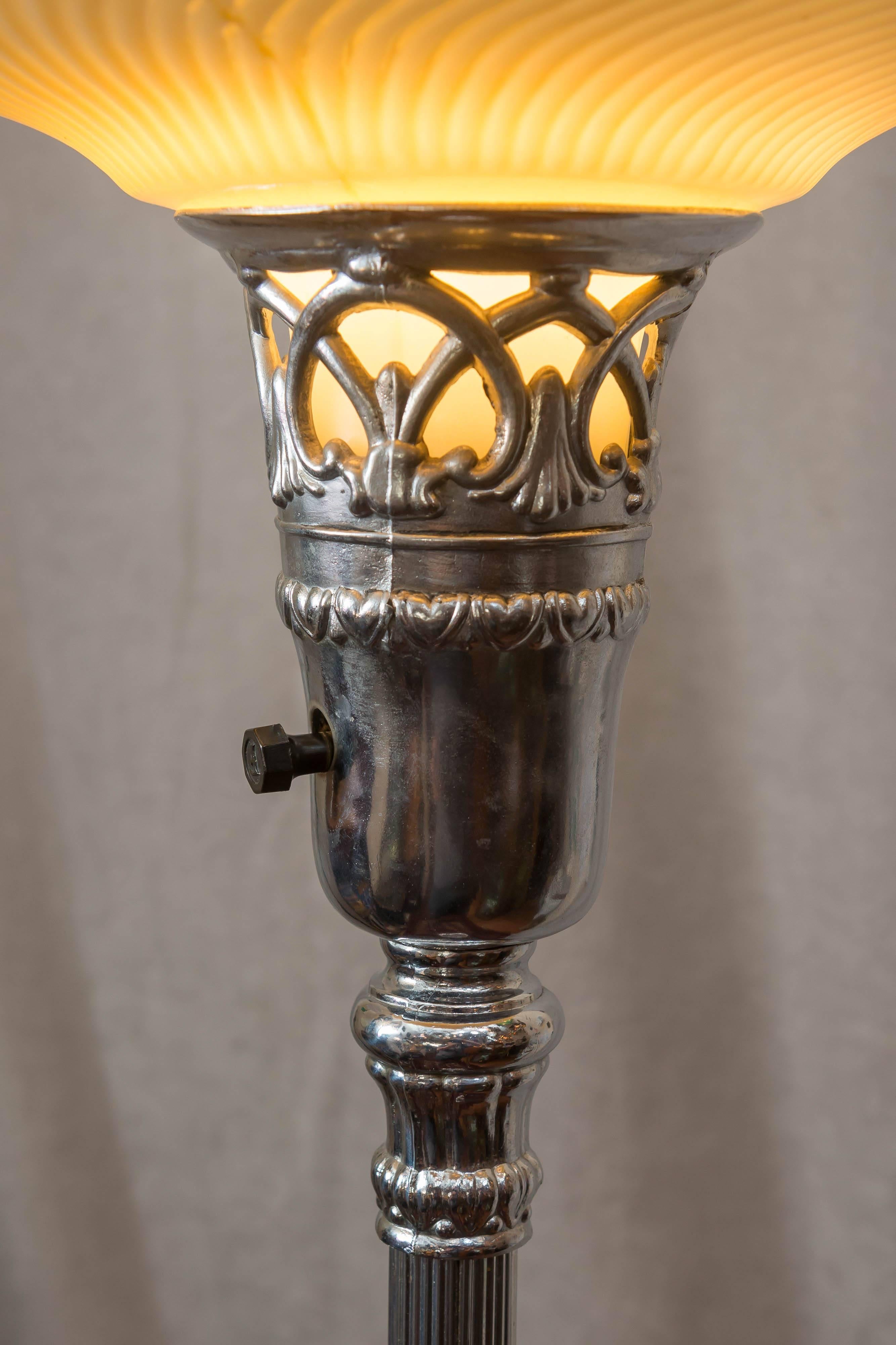 American Chrome-Plated Torchiere Floor Lamp with Agate Glass, and Original Glass Shade