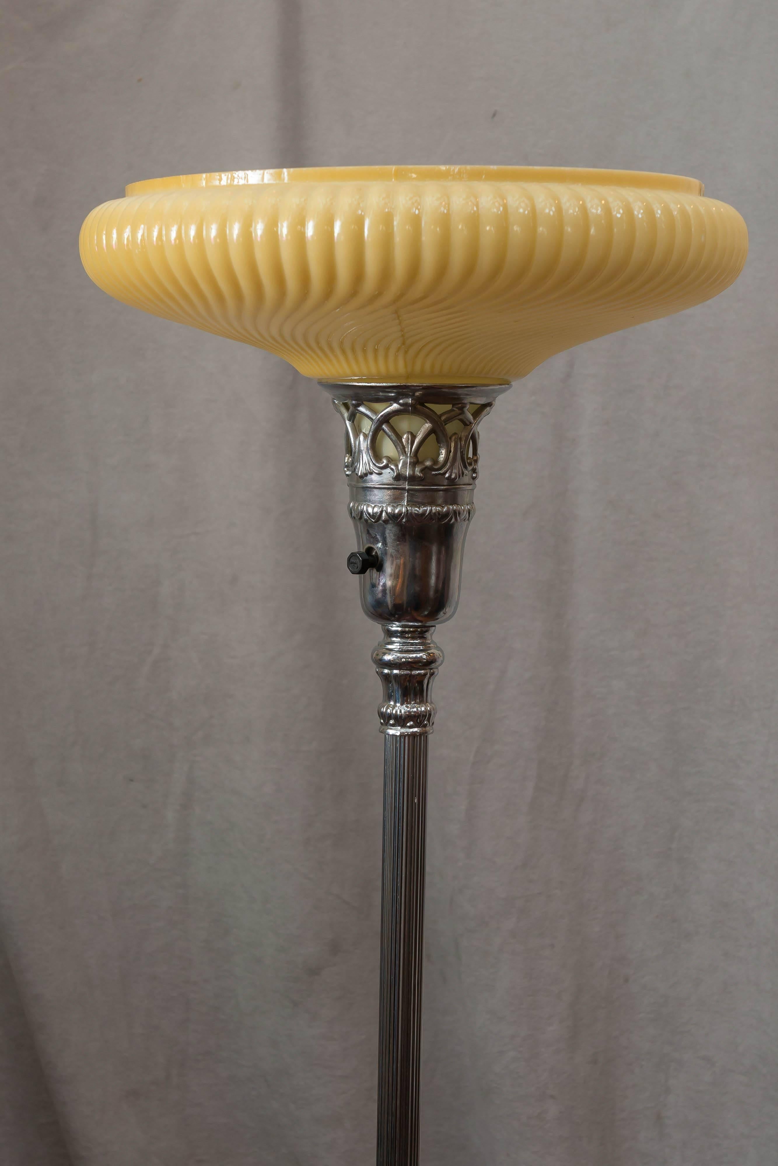 Chrome-Plated Torchiere Floor Lamp with Agate Glass, and Original Glass Shade In Excellent Condition In Petaluma, CA