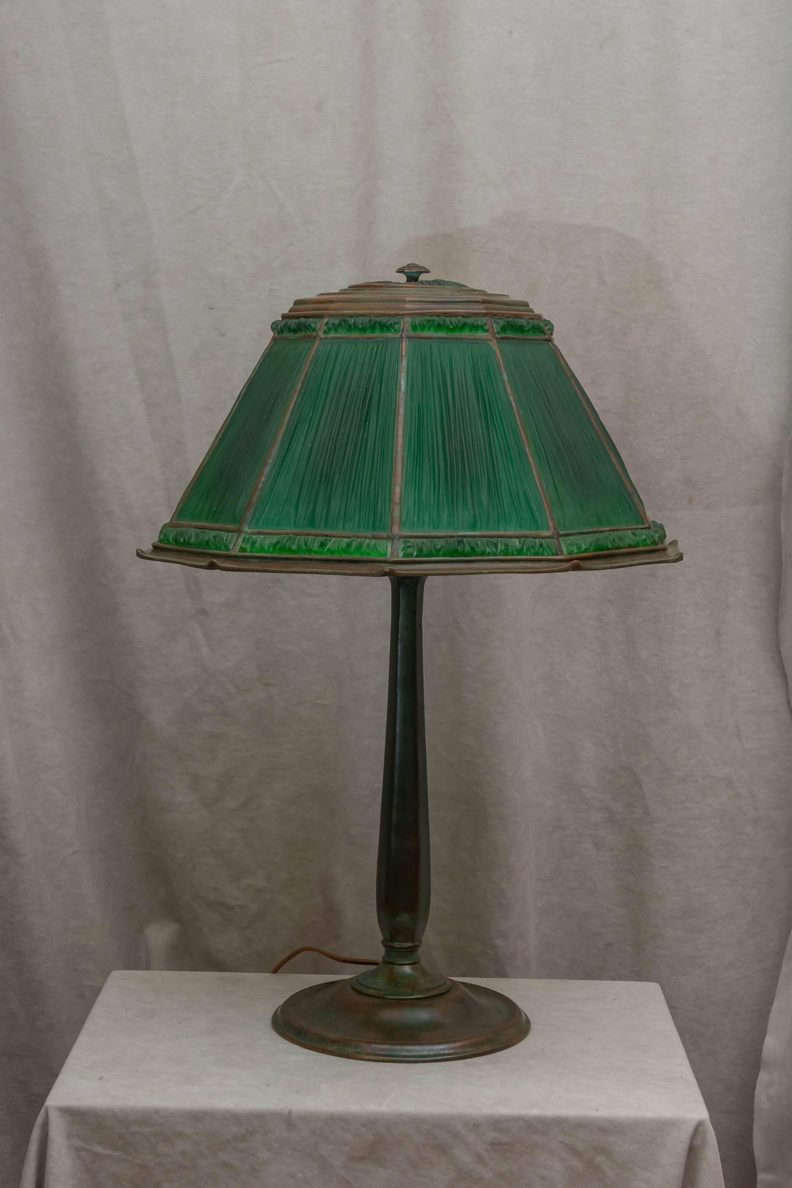 Hand-Crafted Tiffany Studios Green Linenfold Table Lamp