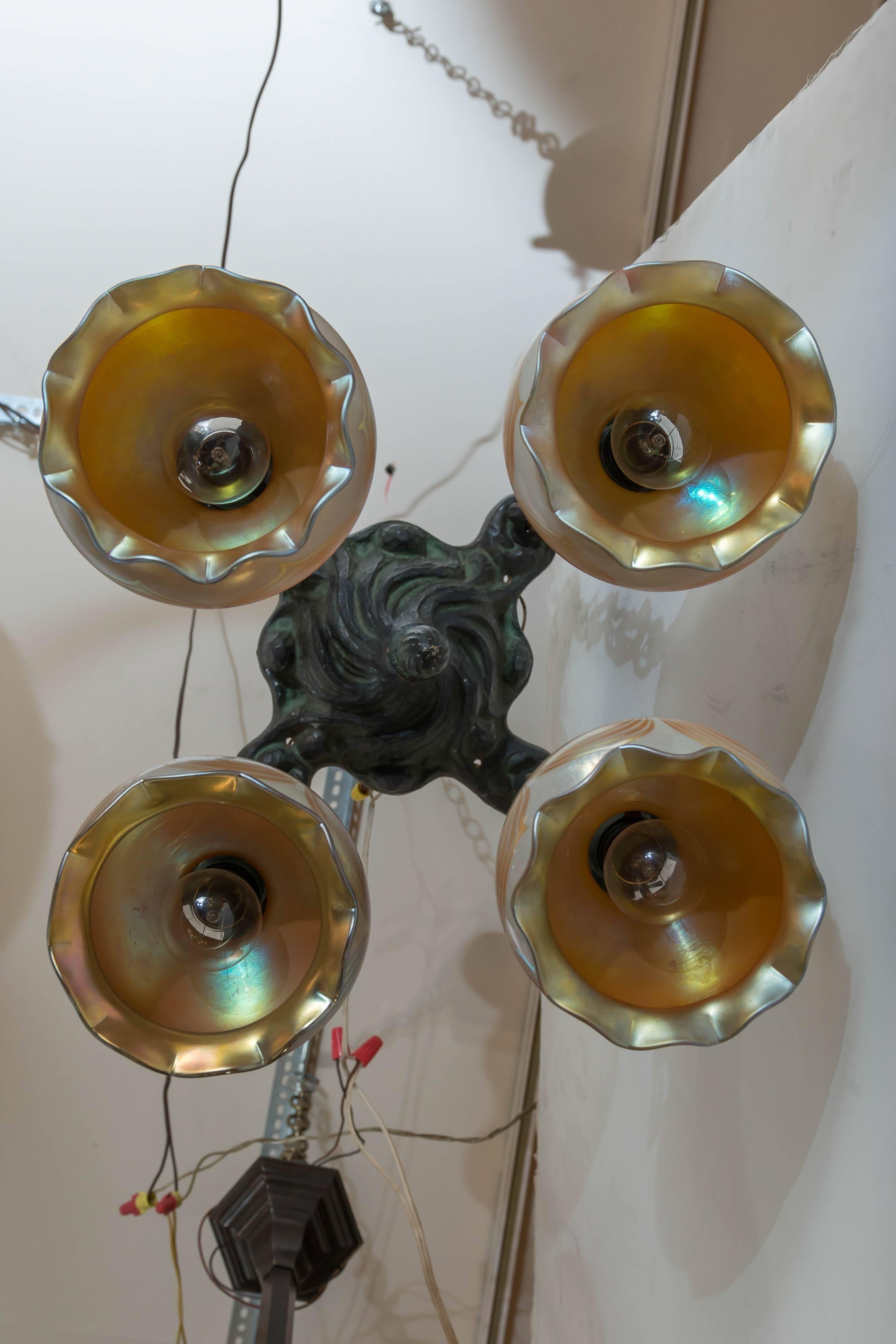 20th Century Art Nouveau Flush Mount Chandelier with Four Handblown Shades, circa 1900