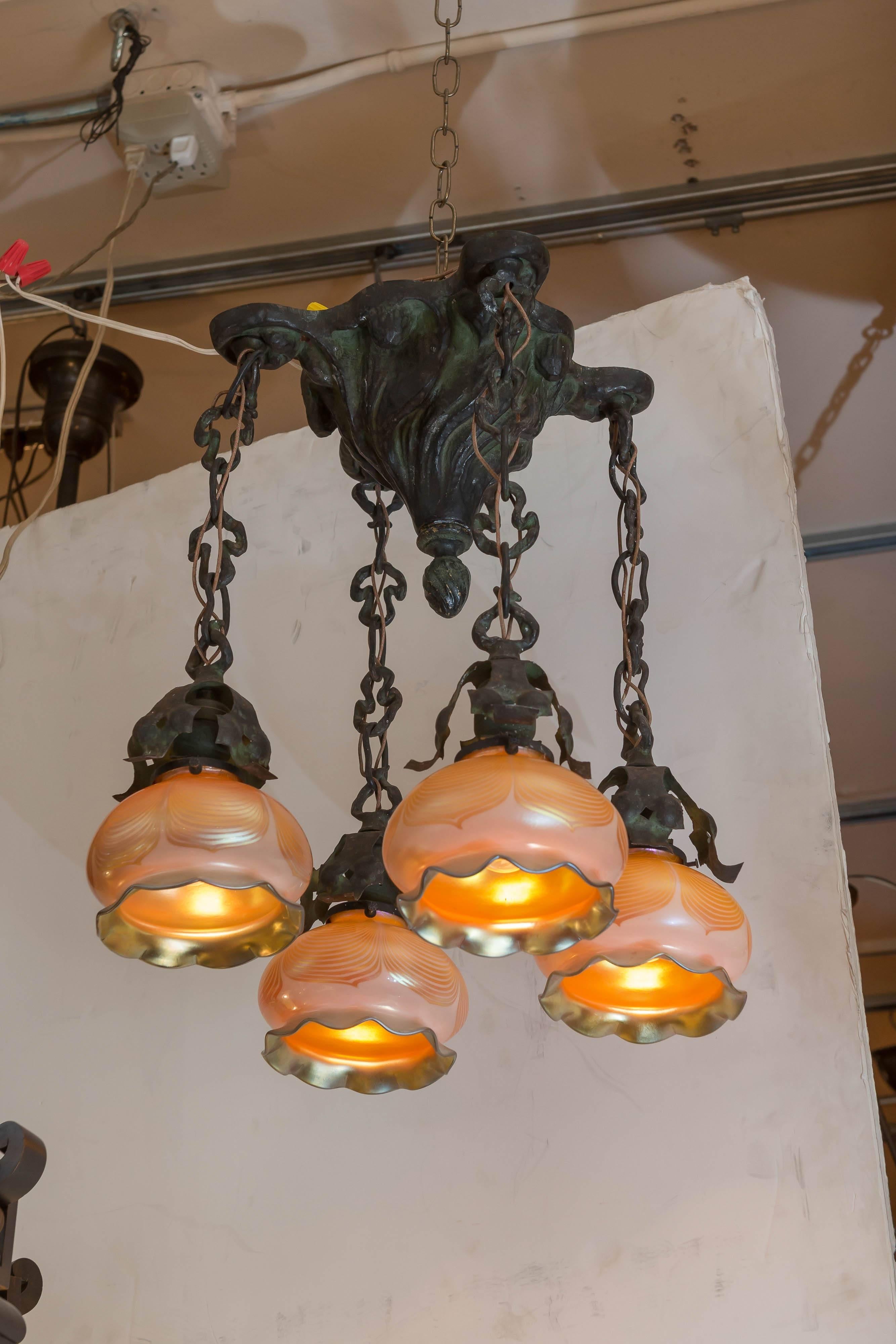 Art Nouveau Flush Mount Chandelier with Four Handblown Shades, circa 1900 1