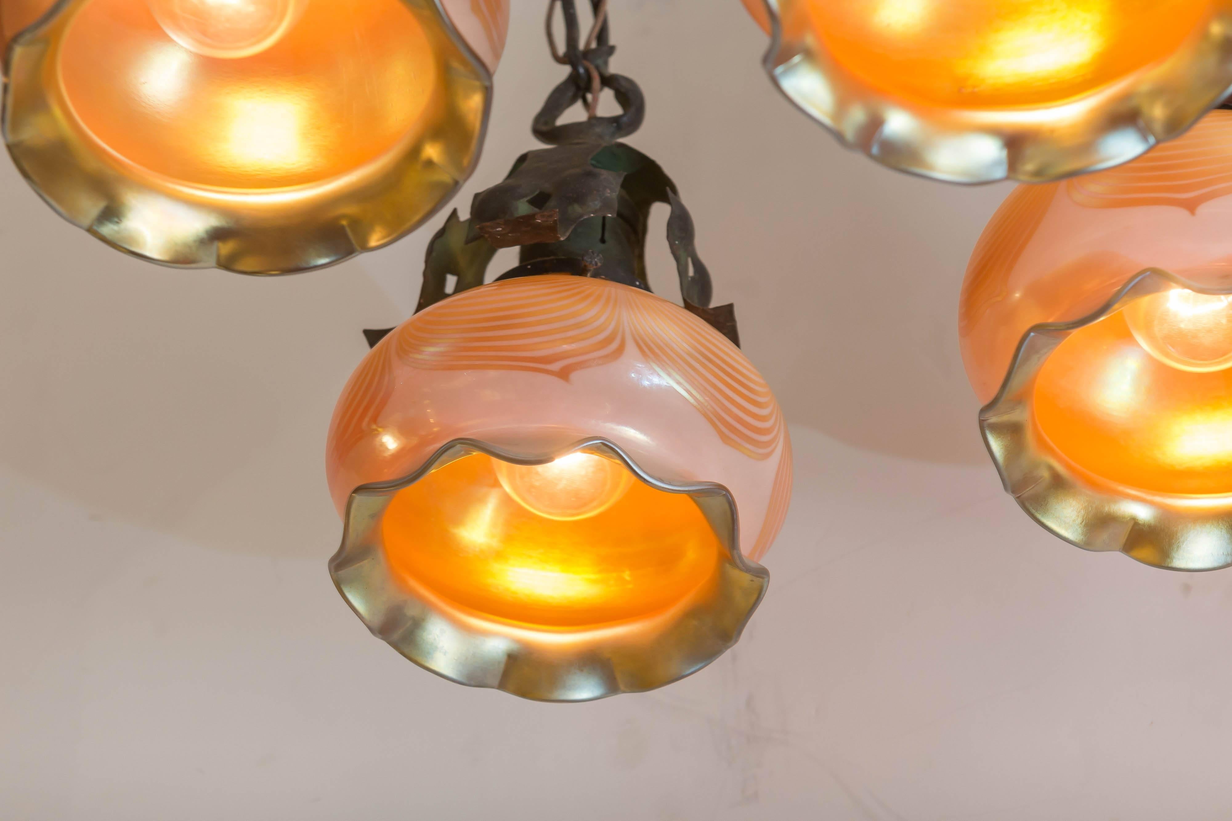 Art Nouveau Flush Mount Chandelier with Four Handblown Shades, circa 1900 3