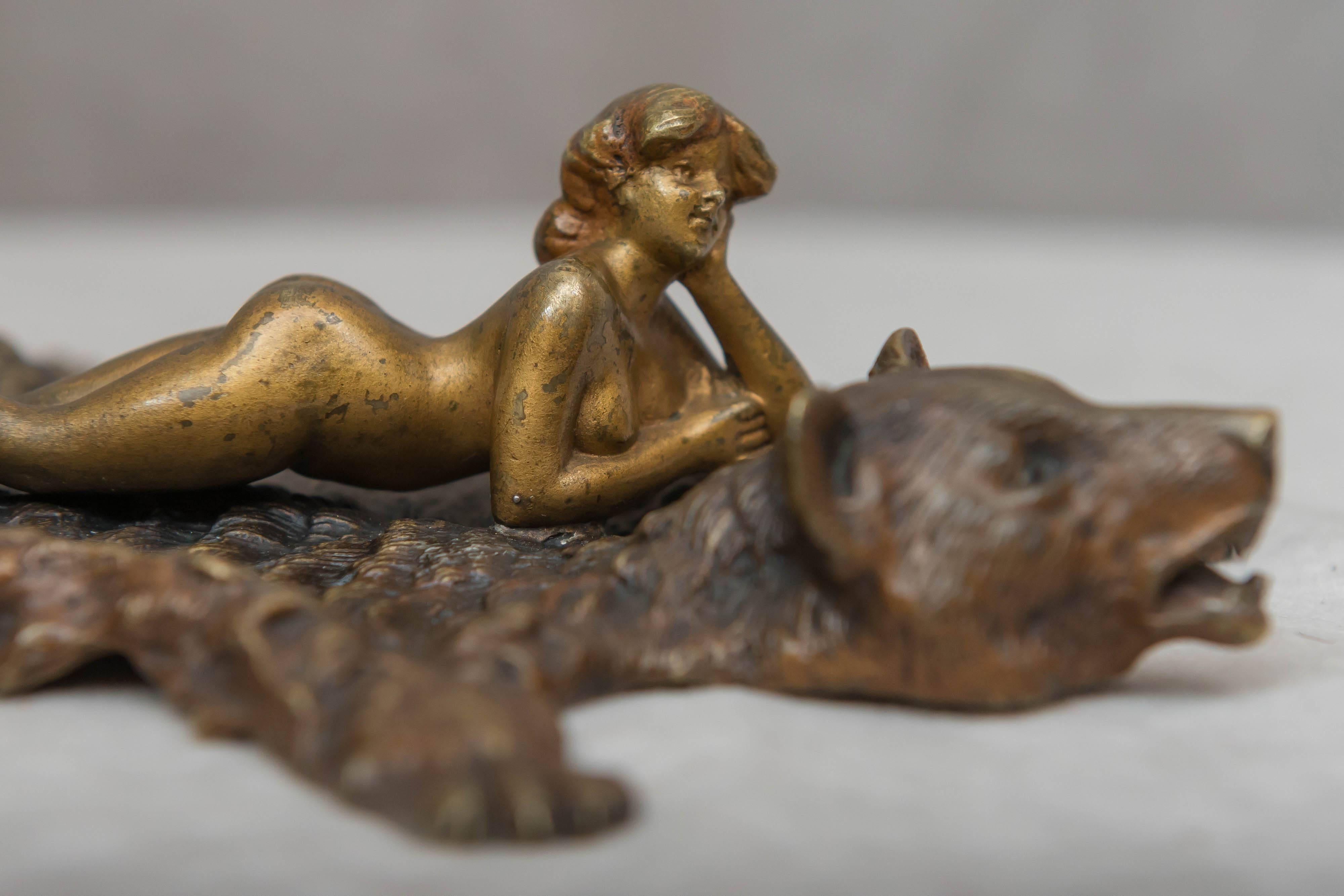 Art Nouveau Austrian Bronze of a Nude Woman Lying on a Bearskin Rug by Franz Bergmann