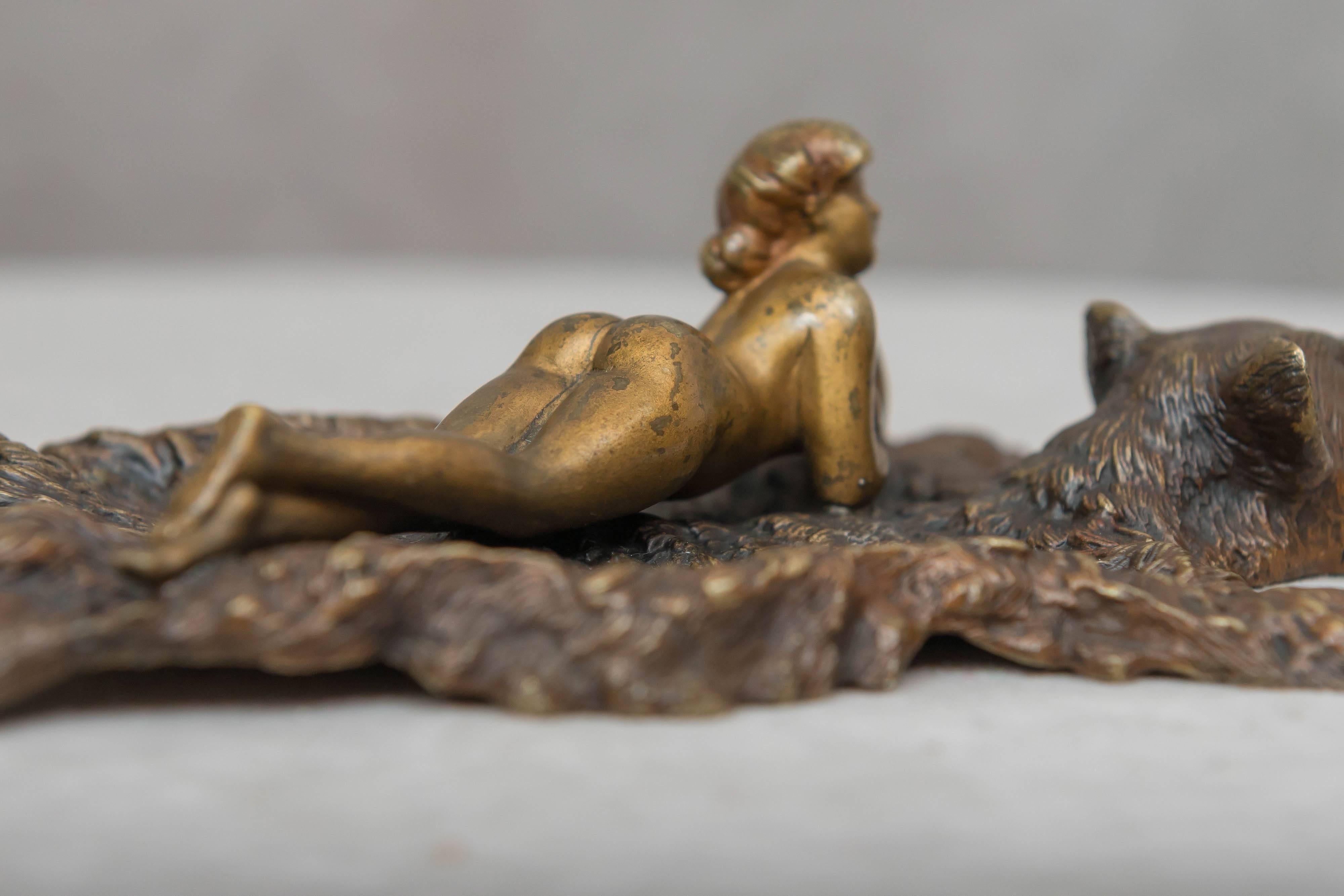 Cold-Painted Austrian Bronze of a Nude Woman Lying on a Bearskin Rug by Franz Bergmann