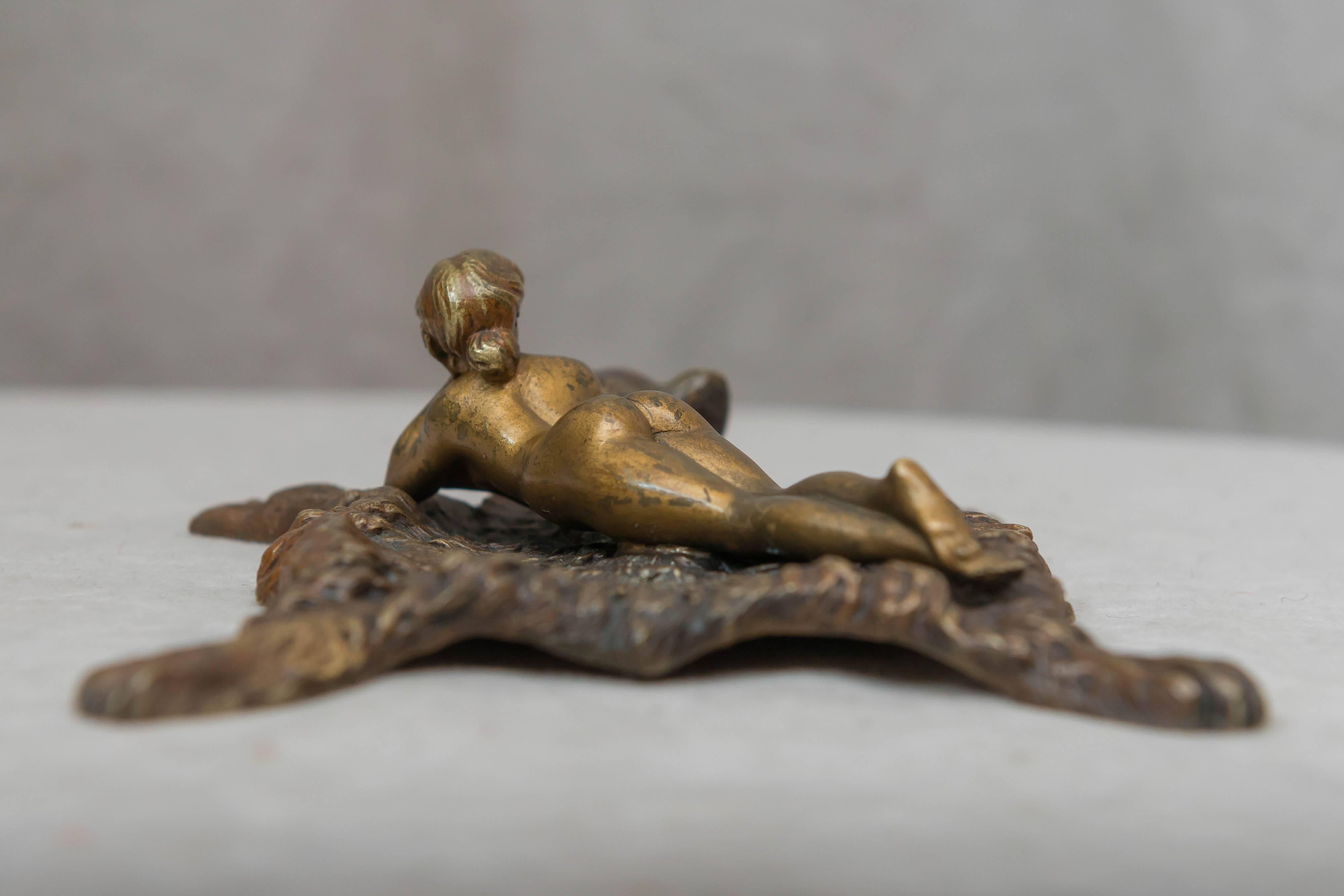 Austrian Bronze of a Nude Woman Lying on a Bearskin Rug by Franz Bergmann In Good Condition In Petaluma, CA
