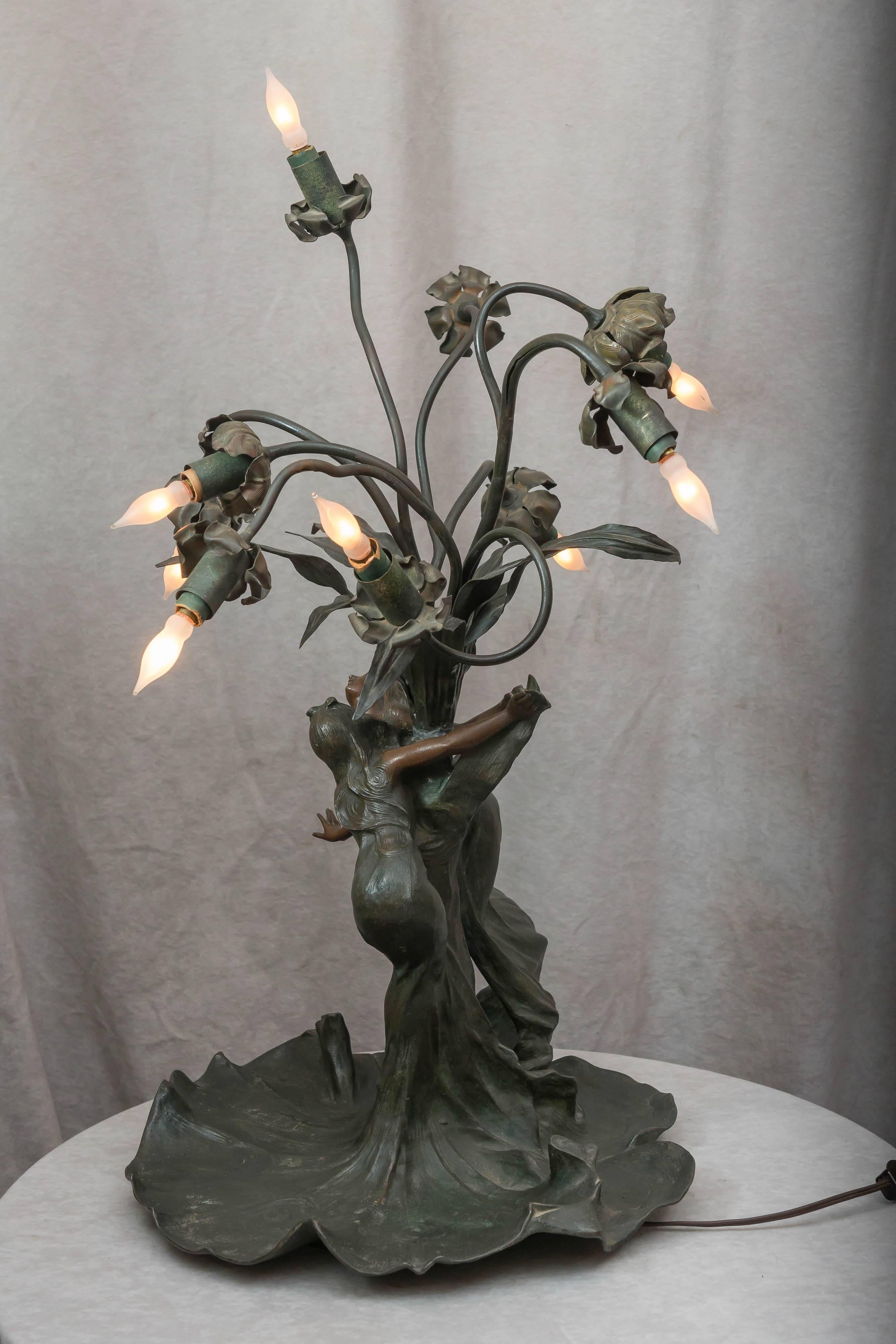 Spelter French Art Nouveau Period Nine-Light Sculptural Table Lamp, ca. 1900 Signed Sola