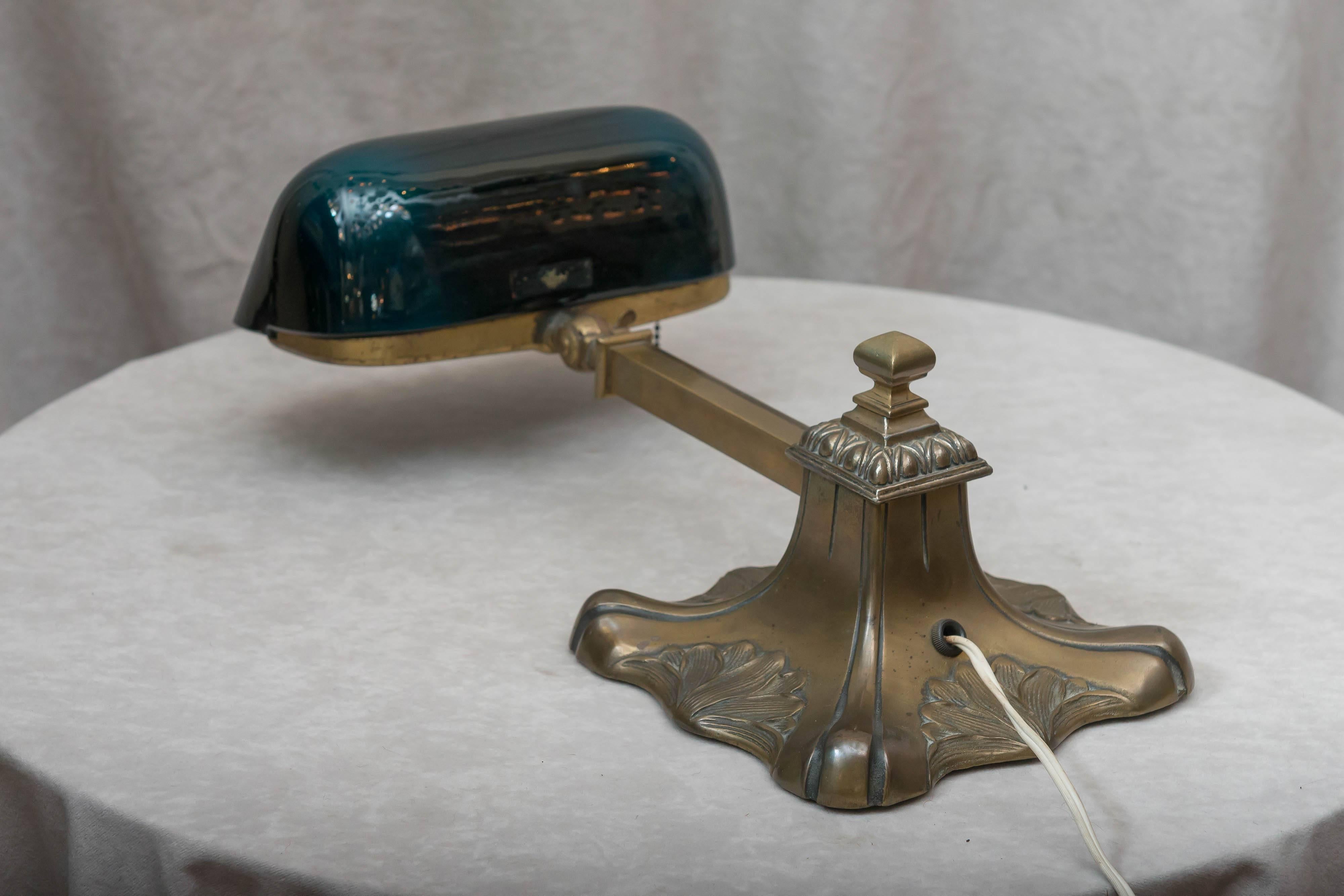 Green Shade Banker's Lamp for a Roll Top Desk Etc by Emeralite, Art Nouveau In Excellent Condition In Petaluma, CA