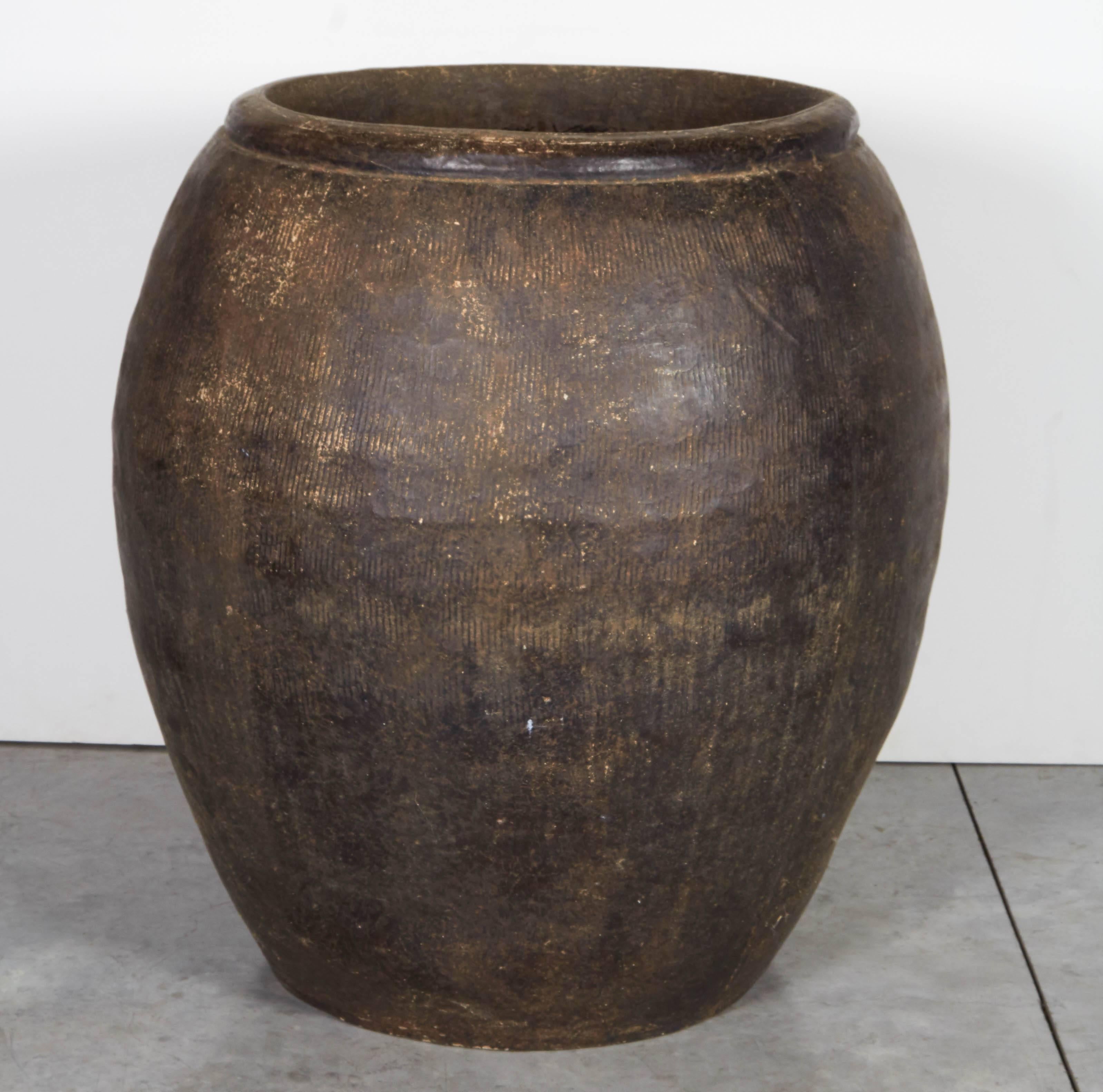 Large Vintage Thai Embossed Clay Jar 1