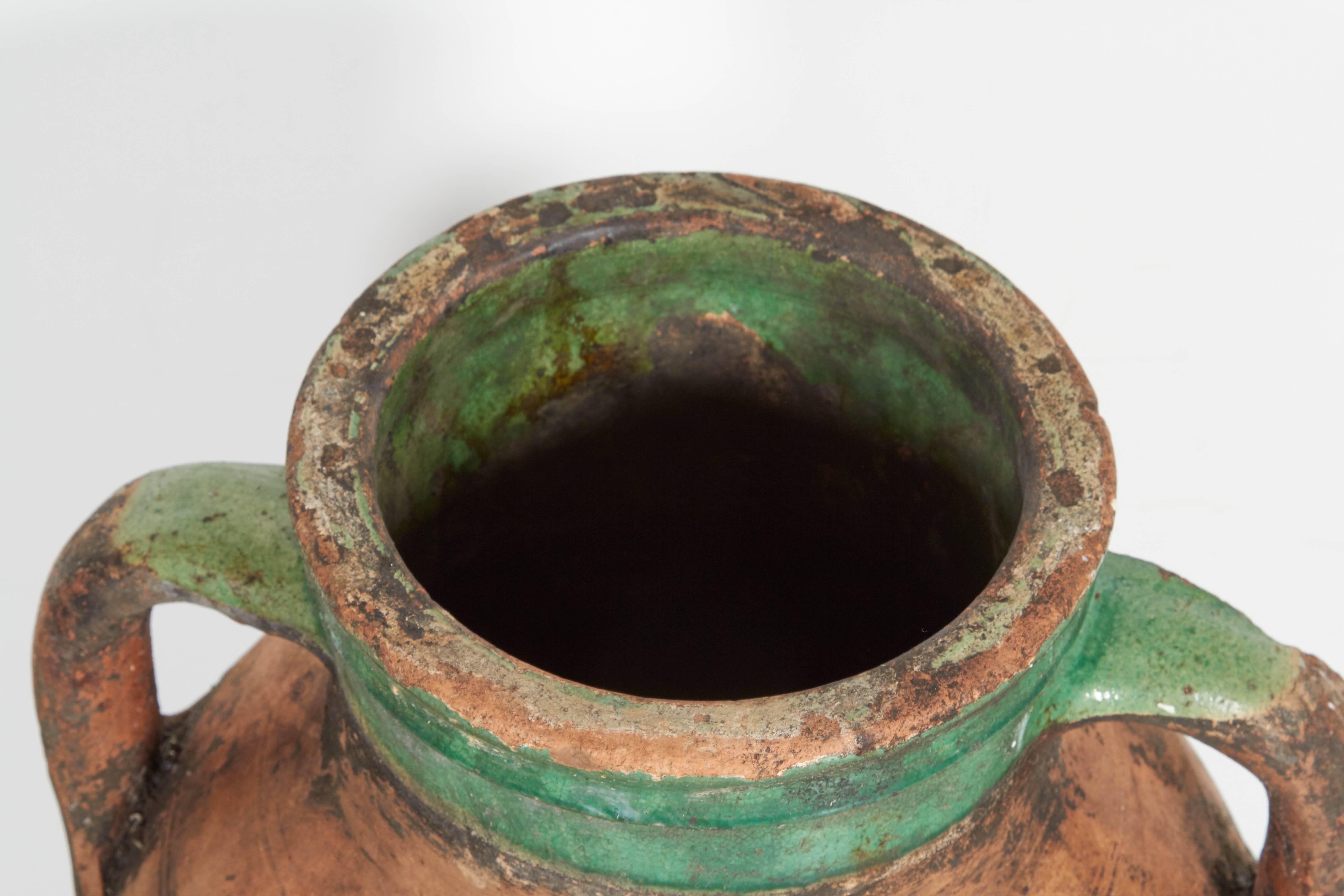 European Tall Antique Terracotta Olive Jar with Green Glazed Rim
